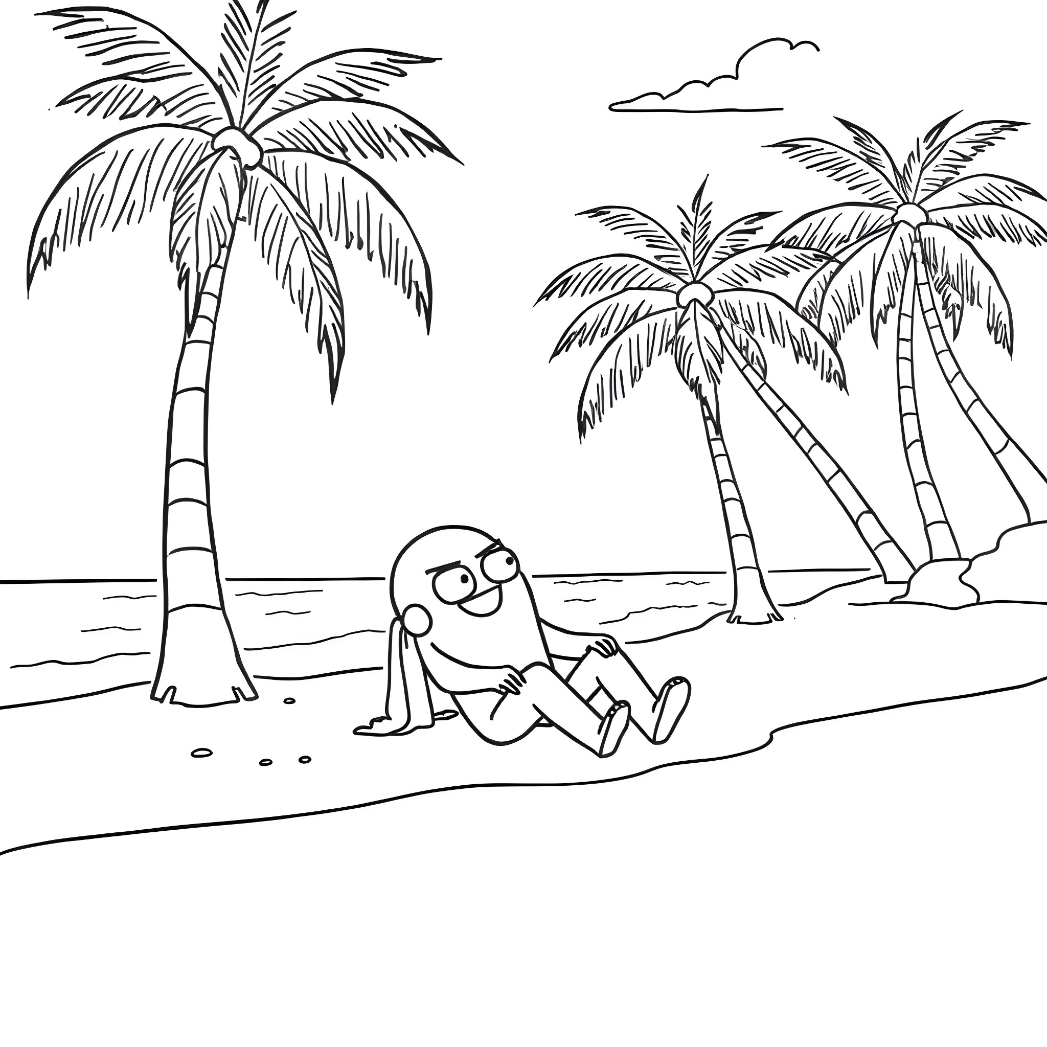 Among Us Character Relaxing on the Beach Coloring Page (free black-and-white line drawing printable PDF for all, from beginners to advanced learners, including children, teens, adults, and seniors)