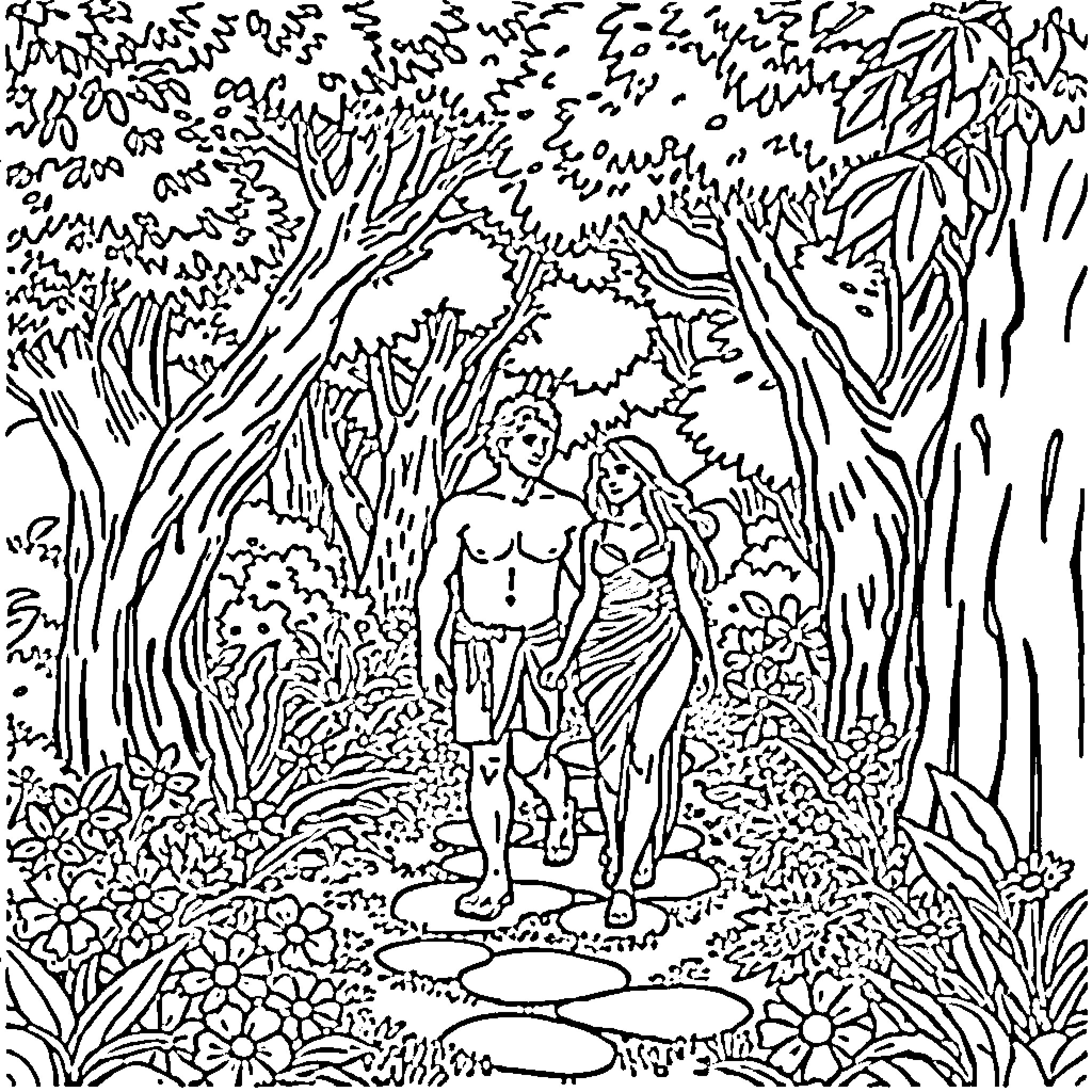 Adam and Eve in the Garden of Eden Coloring Page (free black-and-white line drawing printable PDF for all, from beginners to advanced learners, including children, teens, adults, and seniors)