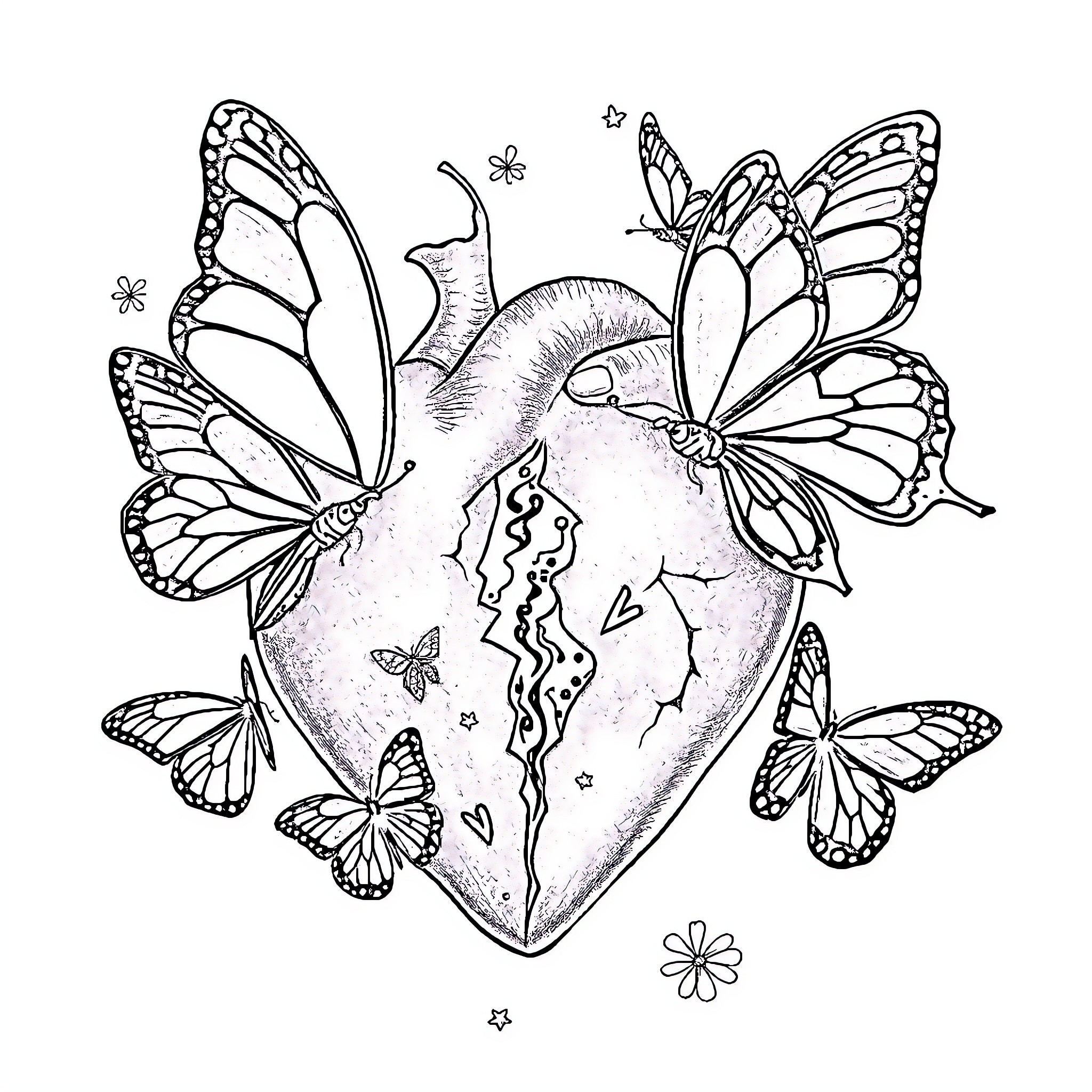 Butterfly Heart Surrounded by Butterflies Coloring Page (free black-and-white line drawing printable PDF for all, from beginners to advanced learners, including children, teens, adults, and seniors)