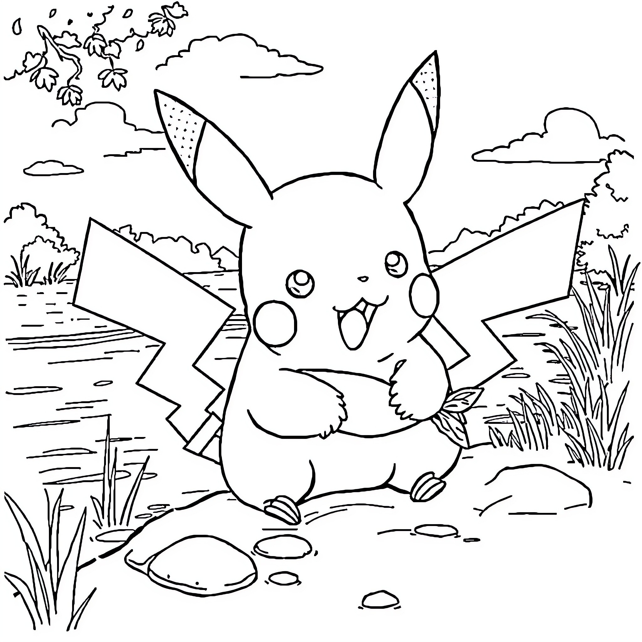 Pikachu relaxing in a peaceful nature scene Coloring Page (free black-and-white line drawing printable PDF for all, from beginners to advanced learners, including children, teens, adults, and seniors)