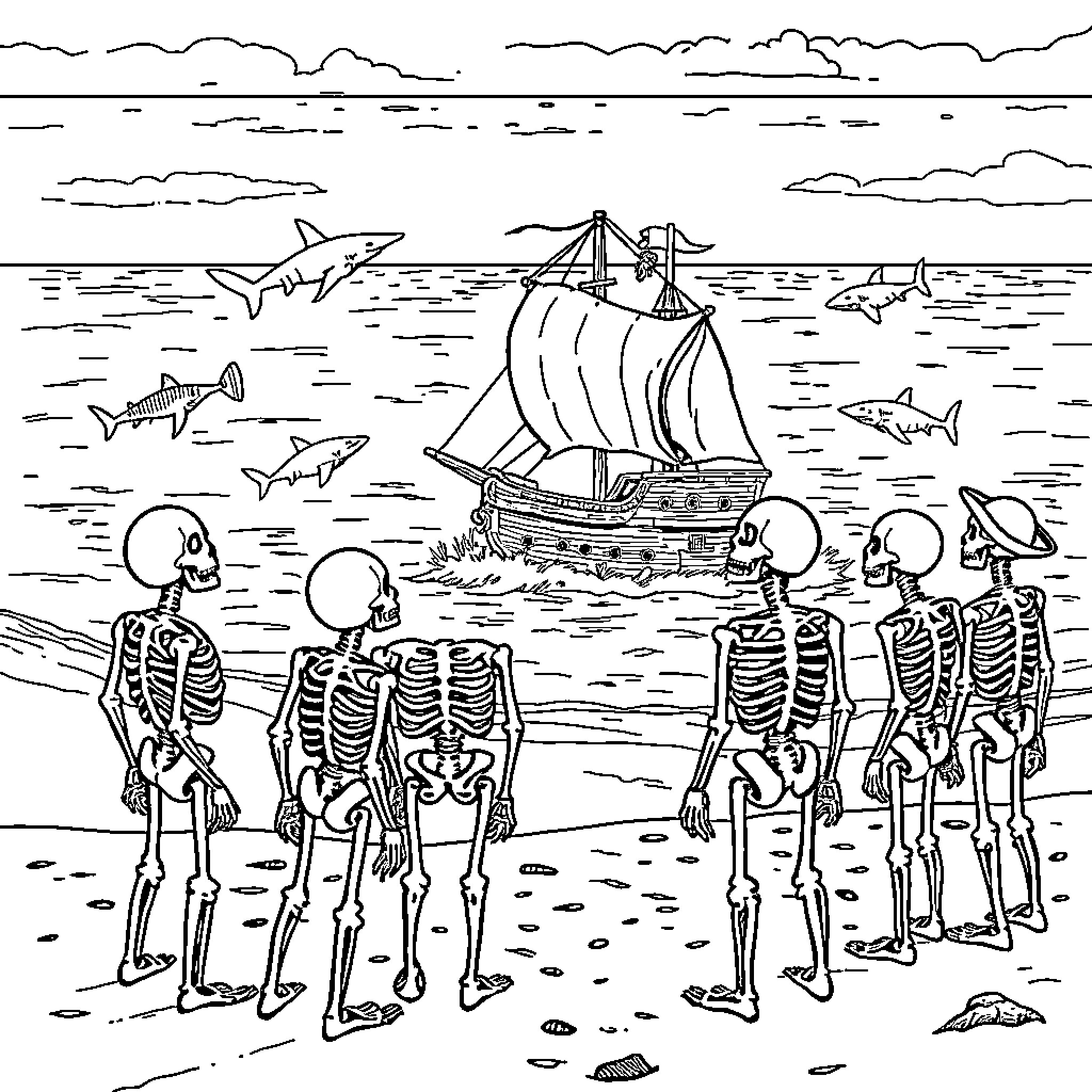 Skeleton Pirates Sailing the Seas Coloring Page (free black-and-white line drawing printable PDF for all, from beginners to advanced learners, including children, teens, adults, and seniors)