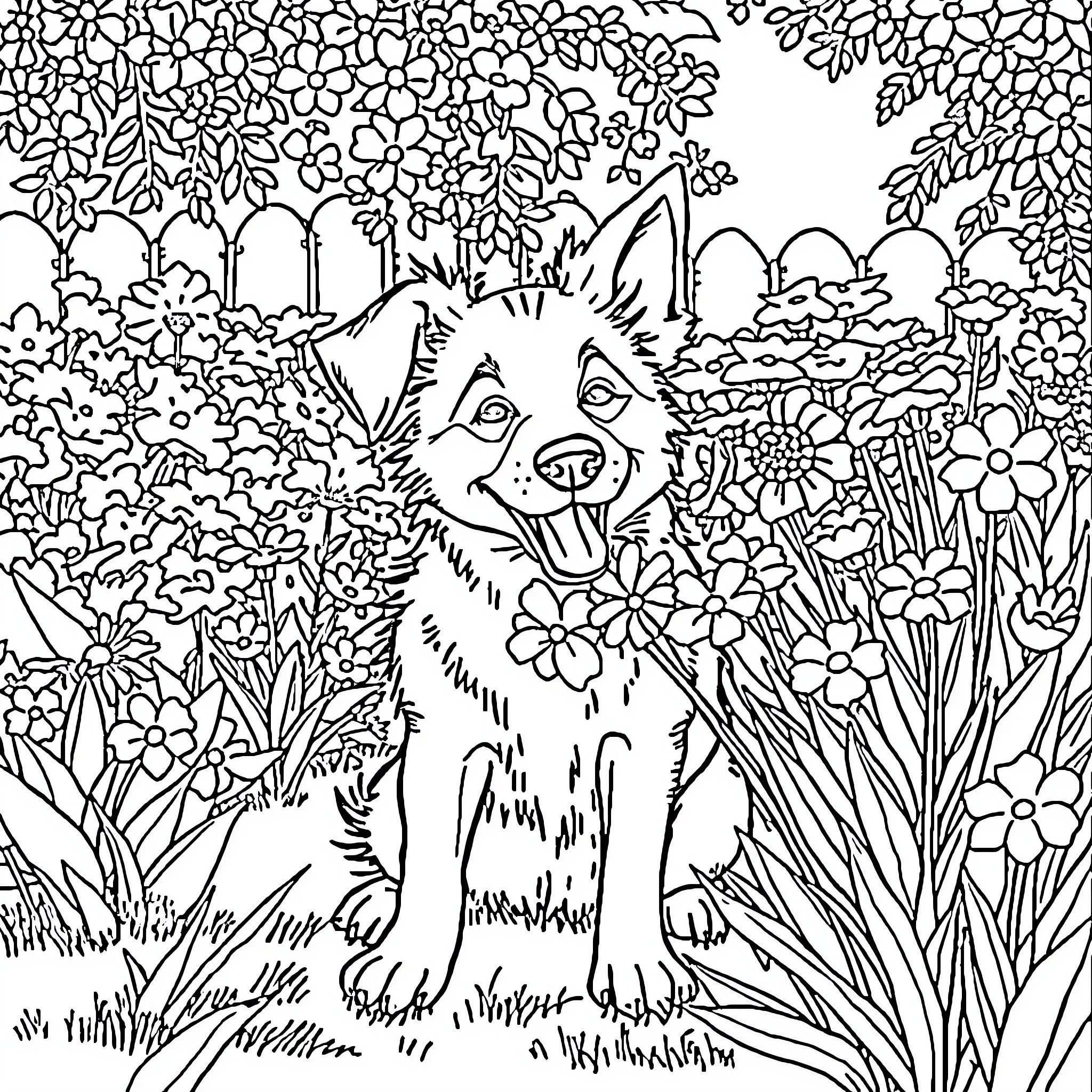 Dog playfully exploring a lush garden Coloring Page (free black-and-white line drawing printable PDF for all, from beginners to advanced learners, including children, teens, adults, and seniors)