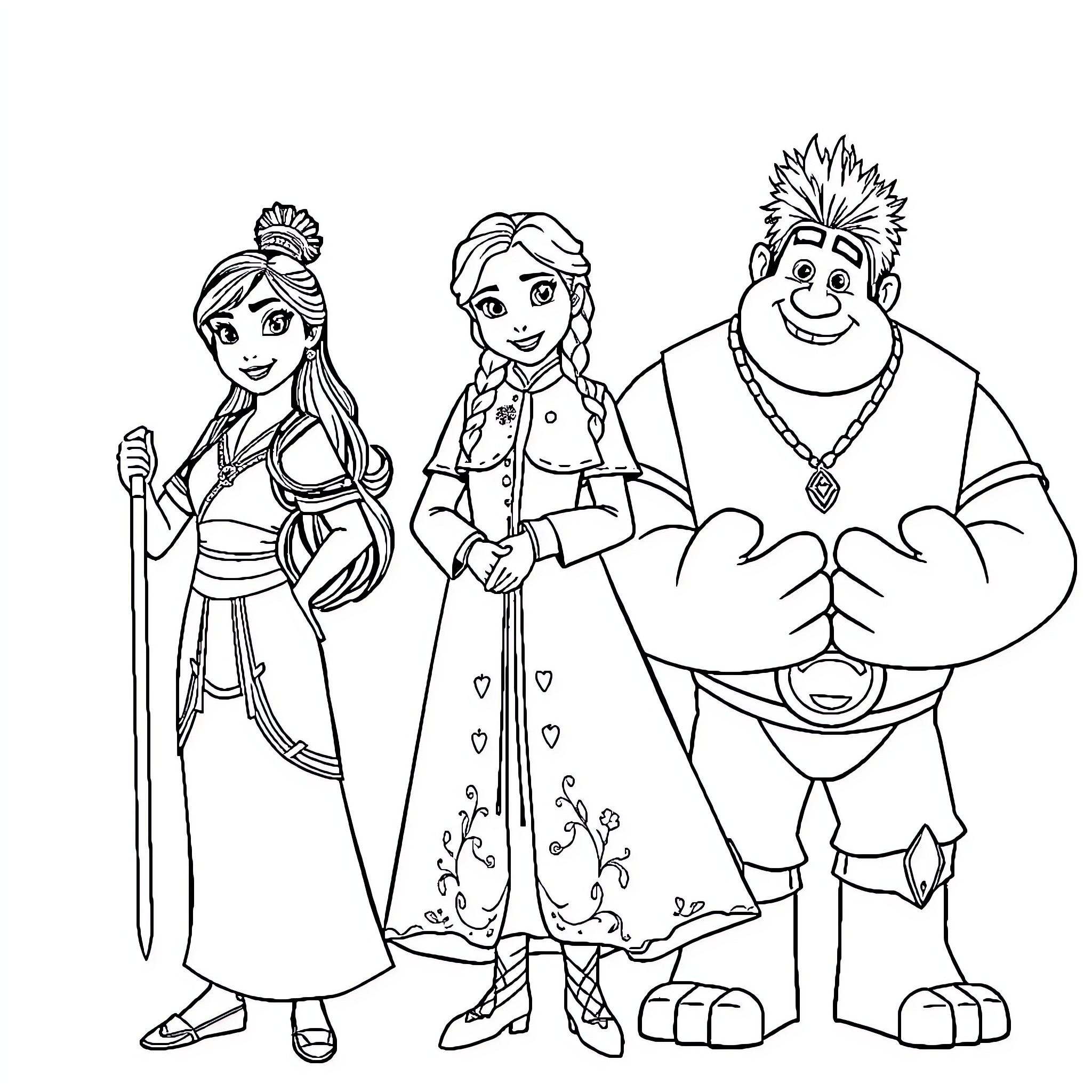 Character trio in fantasy-themed outfits Coloring Page (free black-and-white line drawing printable PDF for all, from beginners to advanced learners, including children, teens, adults, and seniors)