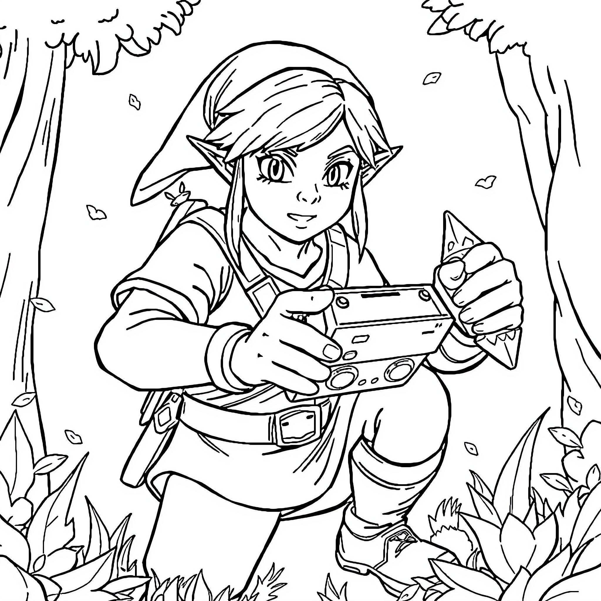 Link's Adventure in the Woodland Coloring Page (free black-and-white line drawing printable PDF for all, from beginners to advanced learners, including children, teens, adults, and seniors)