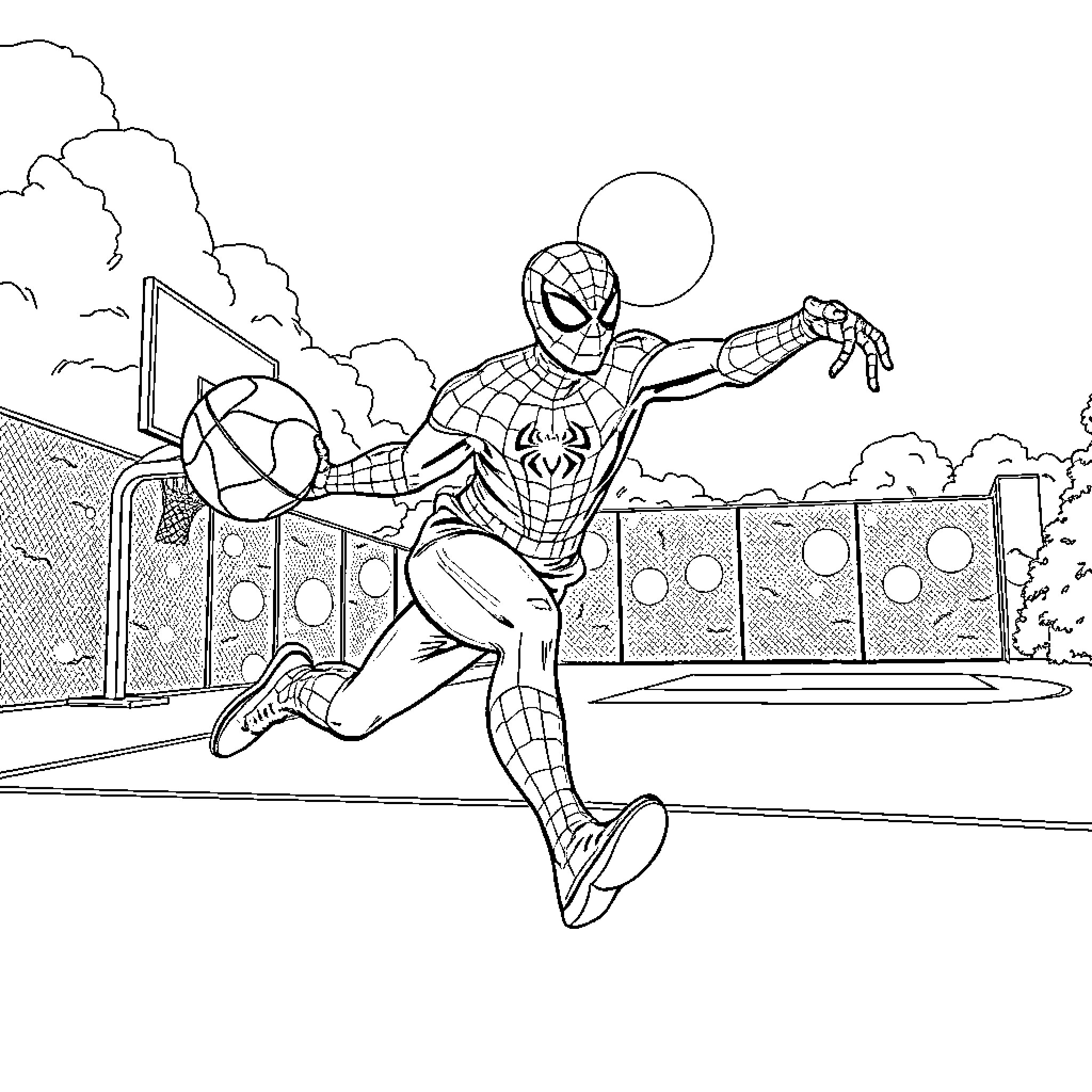 Spiderman swinging through the city skyline Coloring Page (free black-and-white line drawing printable PDF for all, from beginners to advanced learners, including children, teens, adults, and seniors)