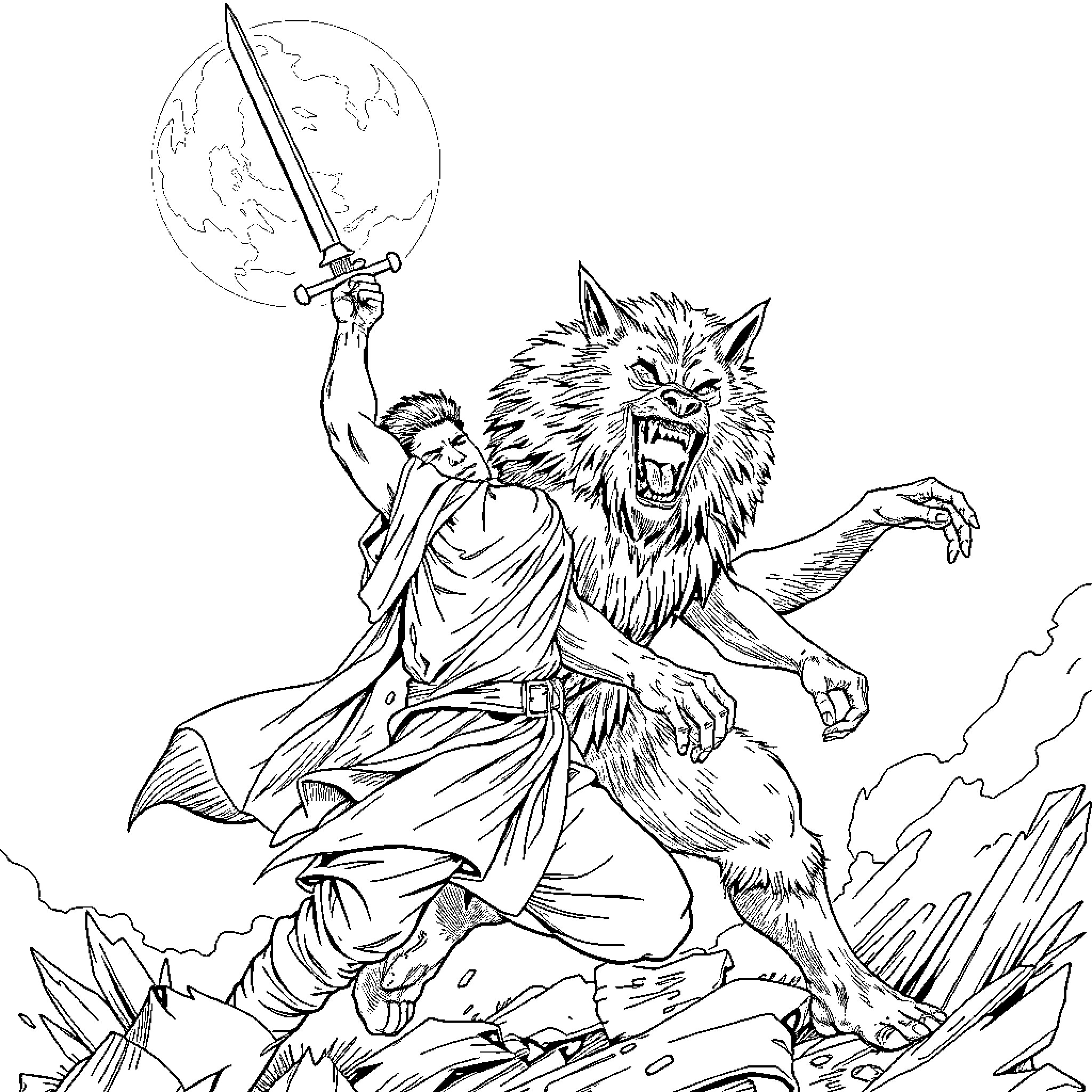 Man wielding sword against fierce wolf in stormy landscape Coloring Page (free black-and-white line drawing printable PDF for all, from beginners to advanced learners, including children, teens, adults, and seniors)