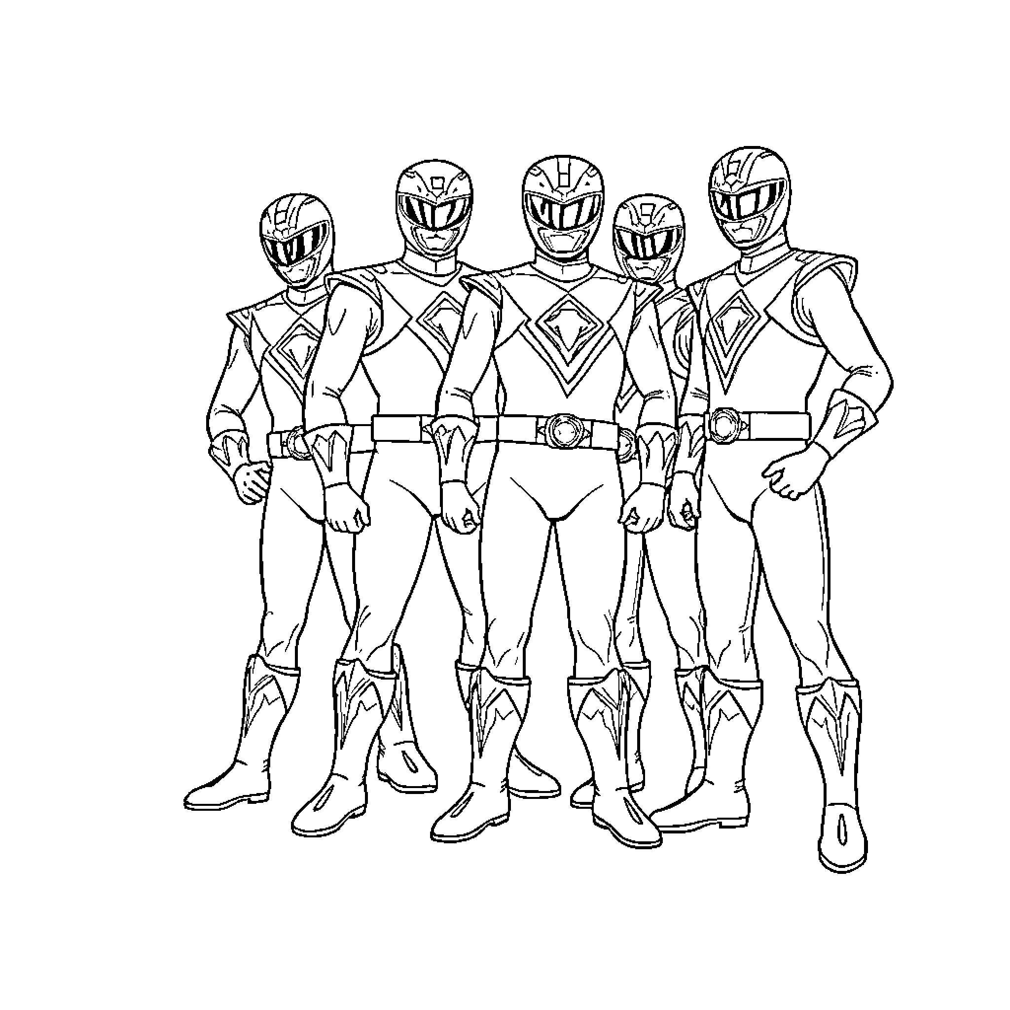 Power Rangers Posing Heroically in Uniform Coloring Page (free black-and-white line drawing printable PDF for all, from beginners to advanced learners, including children, teens, adults, and seniors)