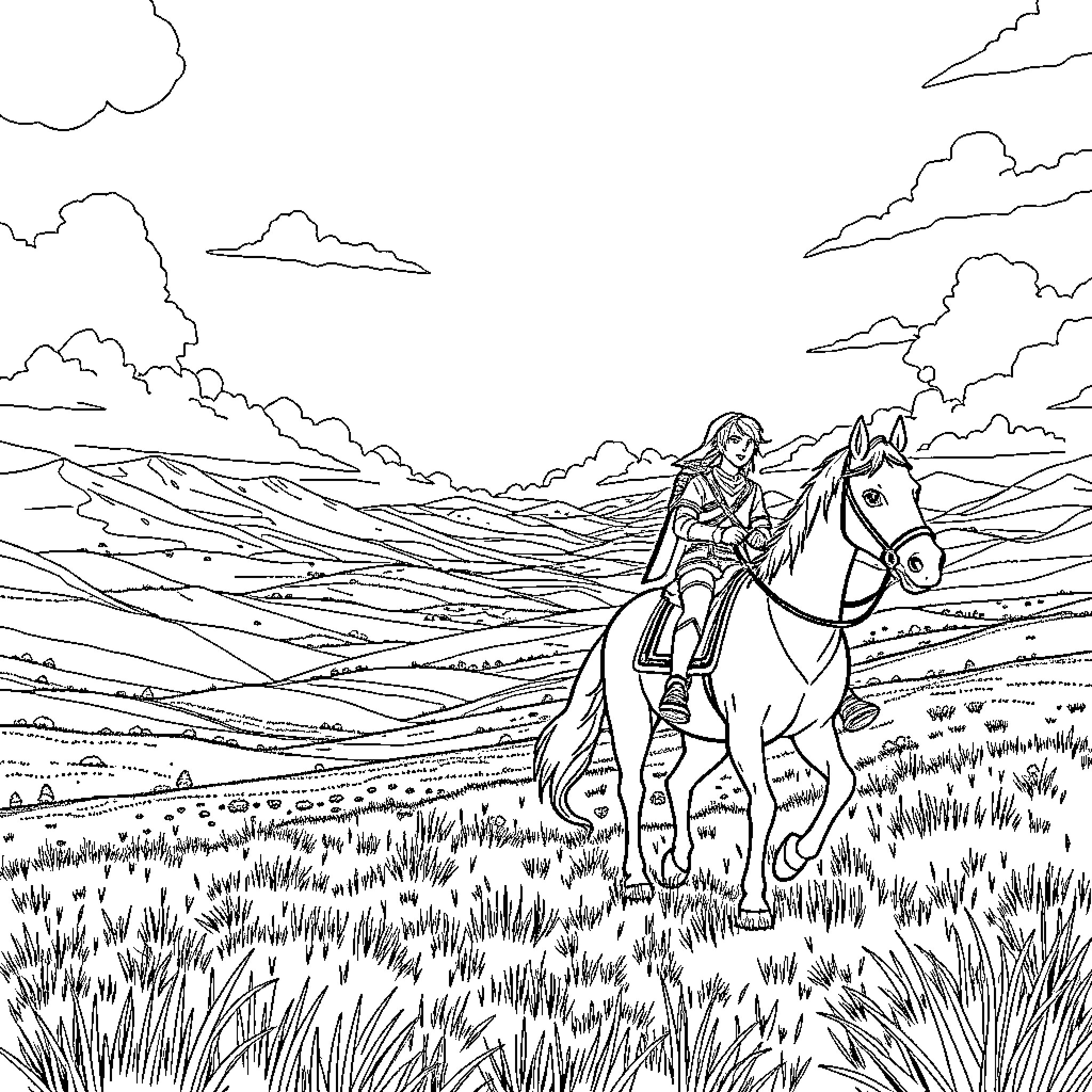 Link riding a horse through the countryside Coloring Page (free black-and-white line drawing printable PDF for all, from beginners to advanced learners, including children, teens, adults, and seniors)
