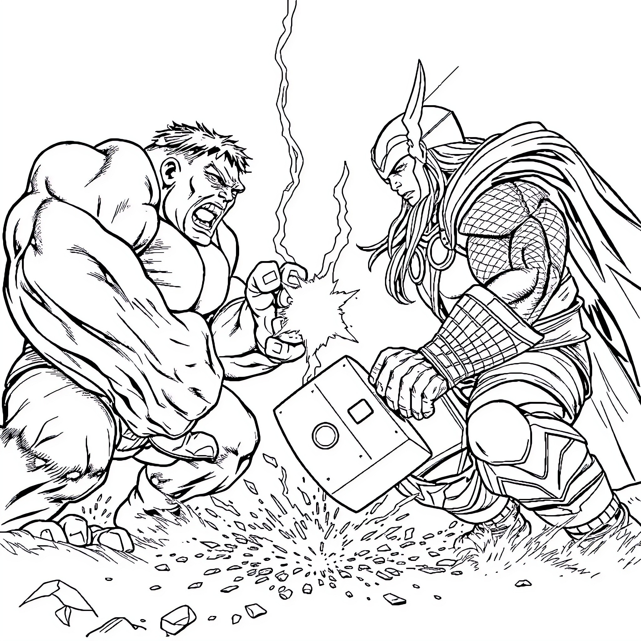 Hulk battling with Thor in an intense showdown Coloring Page (free black-and-white line drawing printable PDF for all, from beginners to advanced learners, including children, teens, adults, and seniors)