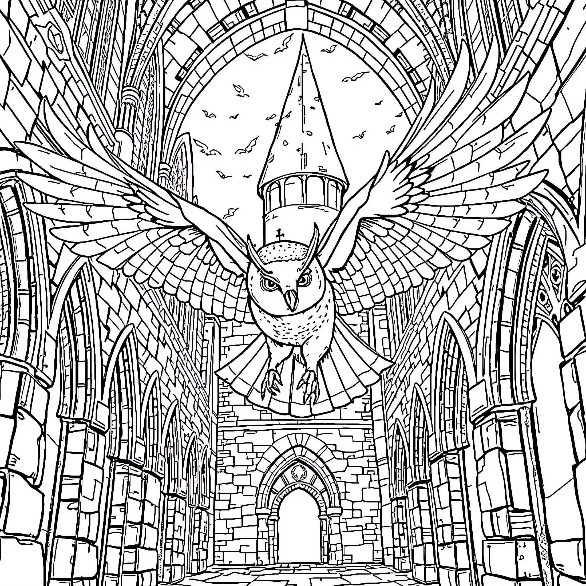 Owl flying through a magical castle with wings spread Coloring Page (free black-and-white line drawing printable PDF for all, from beginners to advanced learners, including children, teens, adults, and seniors)