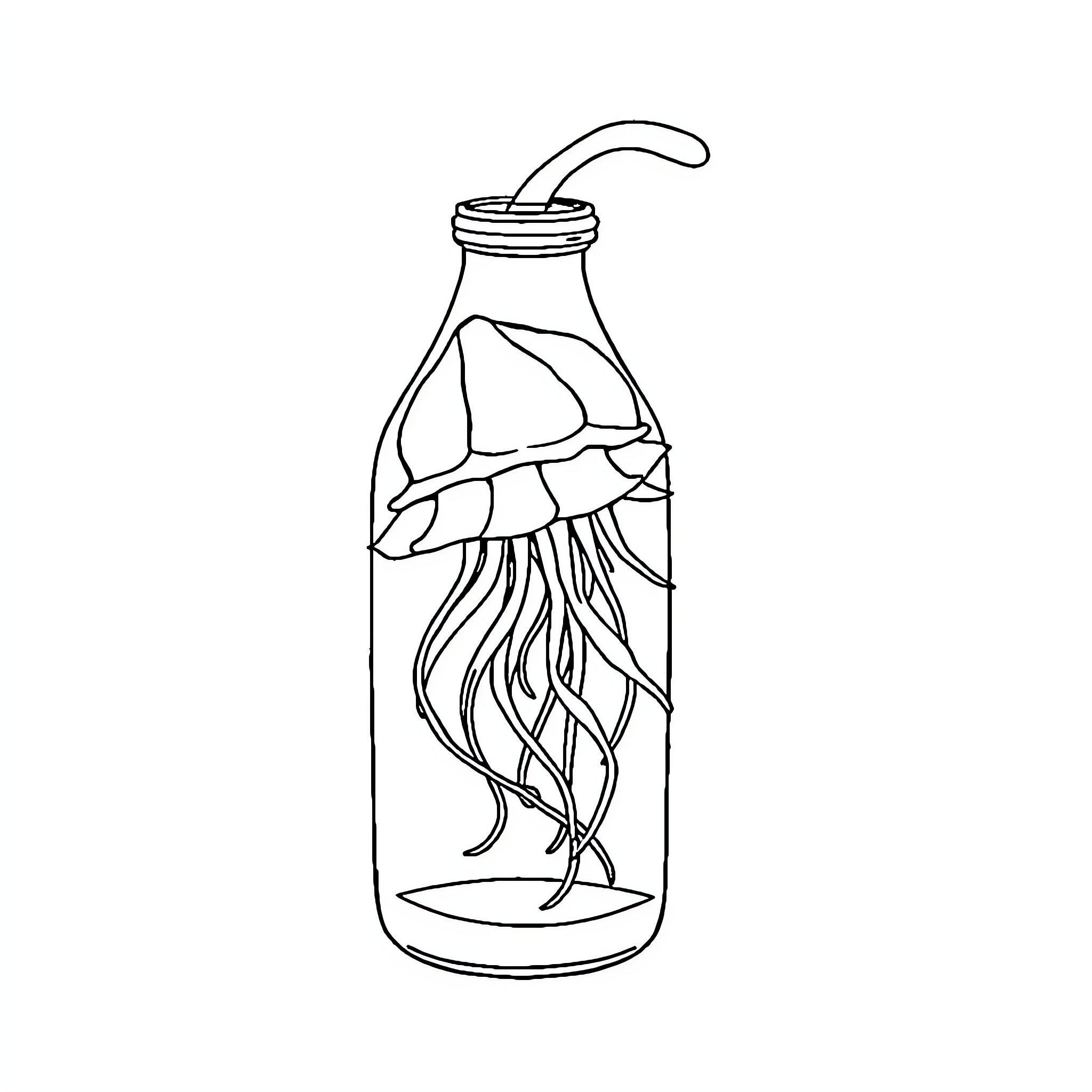 Jellyfish in a bottle Coloring Page (free black-and-white line drawing printable PDF for all, from beginners to advanced learners, including children, teens, adults, and seniors)