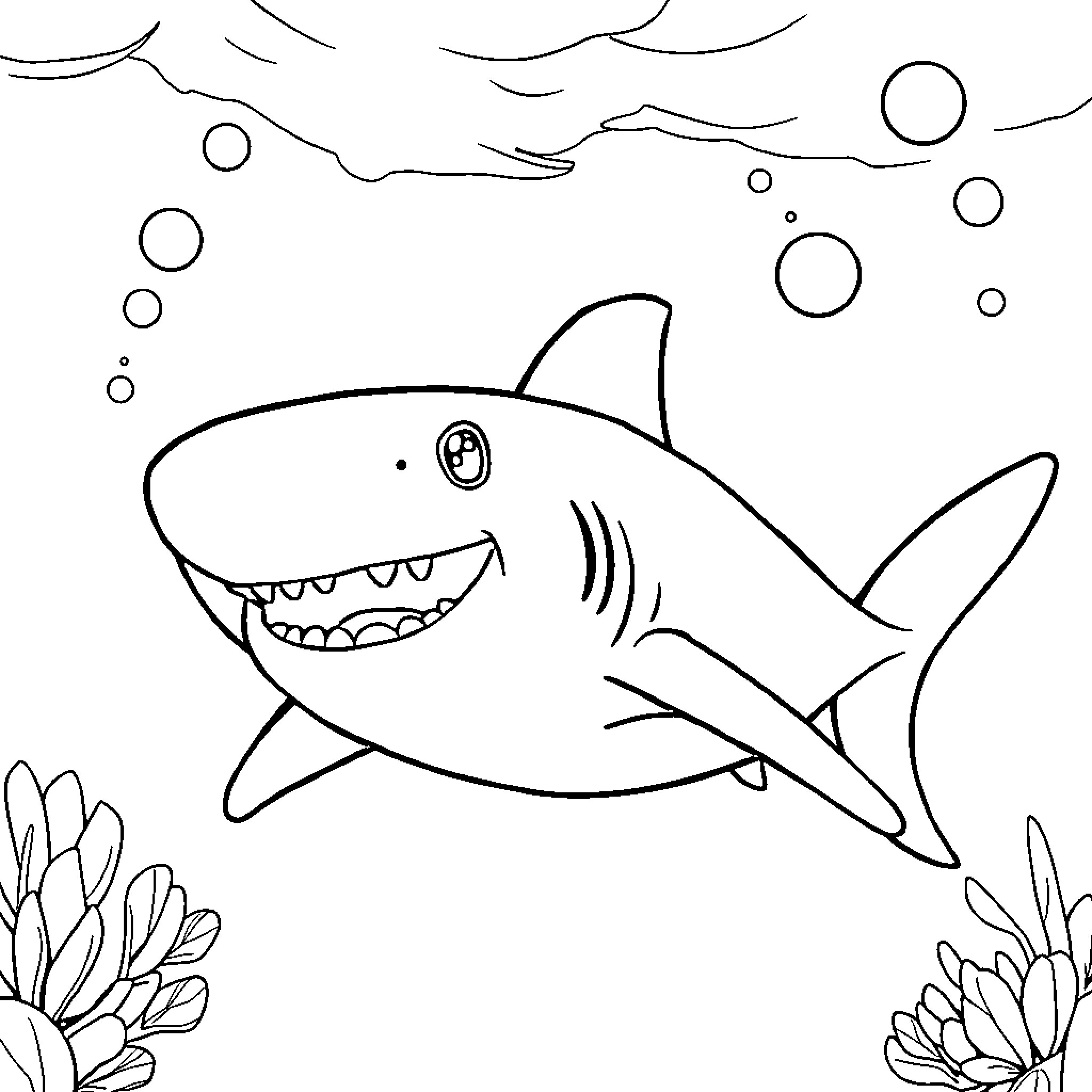 Shark swimming joyfully in the ocean Coloring Page (free black-and-white line drawing printable PDF for all, from beginners to advanced learners, including children, teens, adults, and seniors)