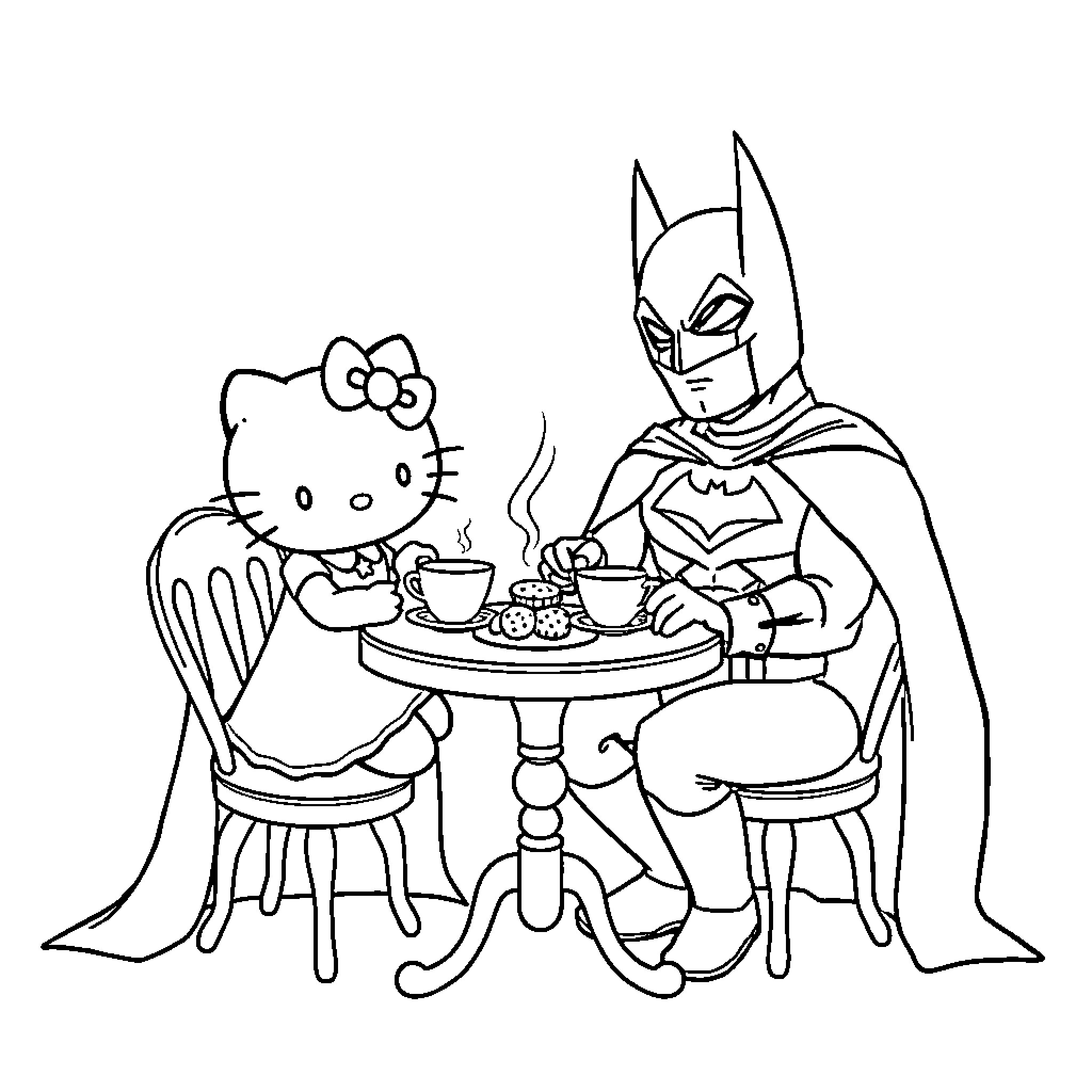 Batman sharing tea time with Hello Kitty Coloring Page (free black-and-white line drawing printable PDF for all, from beginners to advanced learners, including children, teens, adults, and seniors)