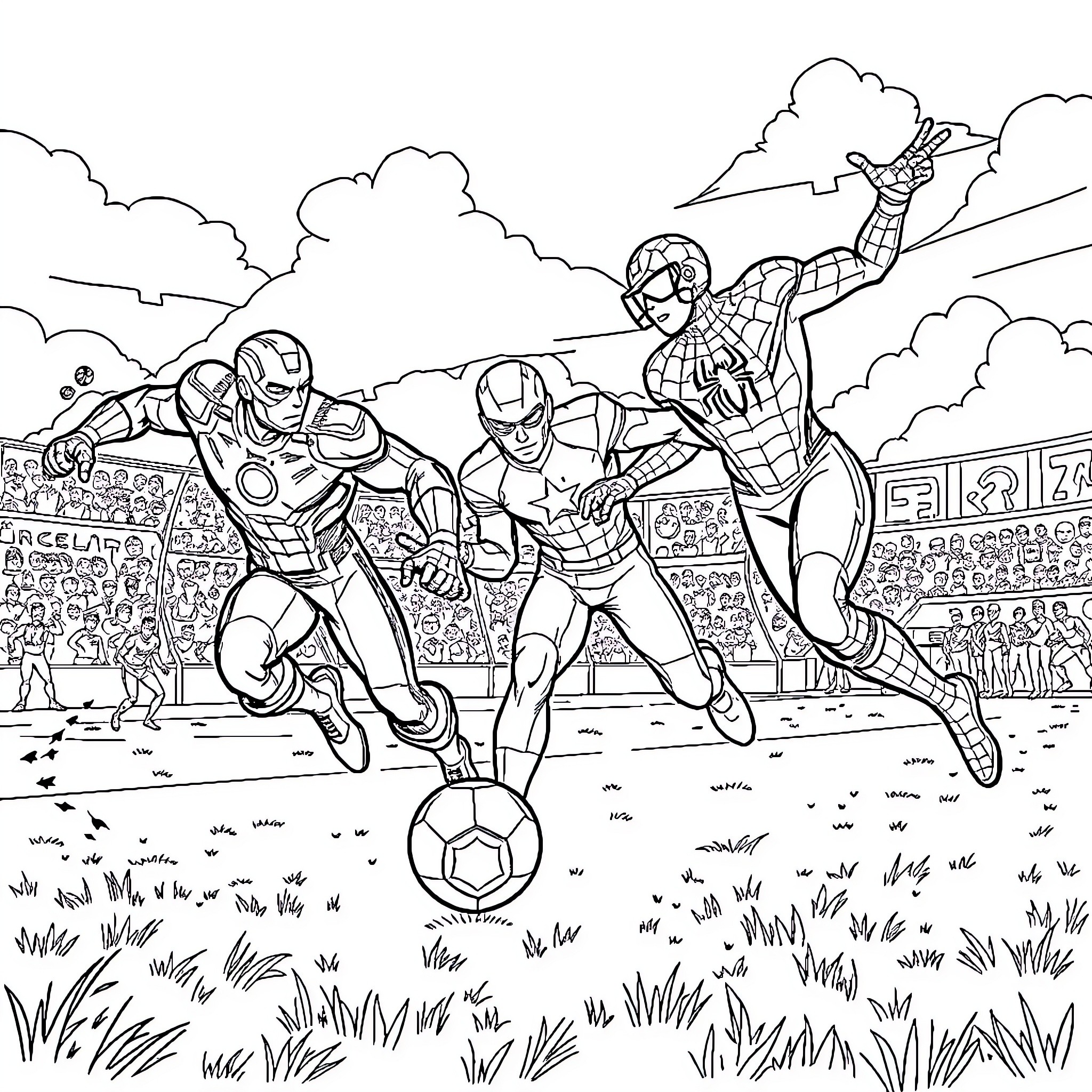 Marvel Characters Competing in Sports Game Coloring Page (free black-and-white line drawing printable PDF for all, from beginners to advanced learners, including children, teens, adults, and seniors)