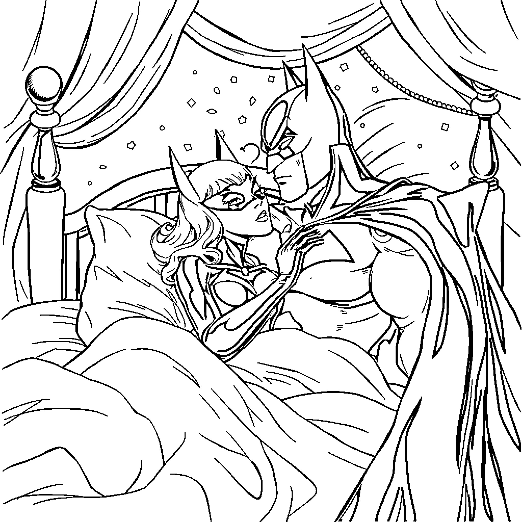 Batman resting in a cozy bedroom under the starry night Coloring Page (free black-and-white line drawing printable PDF for all, from beginners to advanced learners, including children, teens, adults, and seniors)