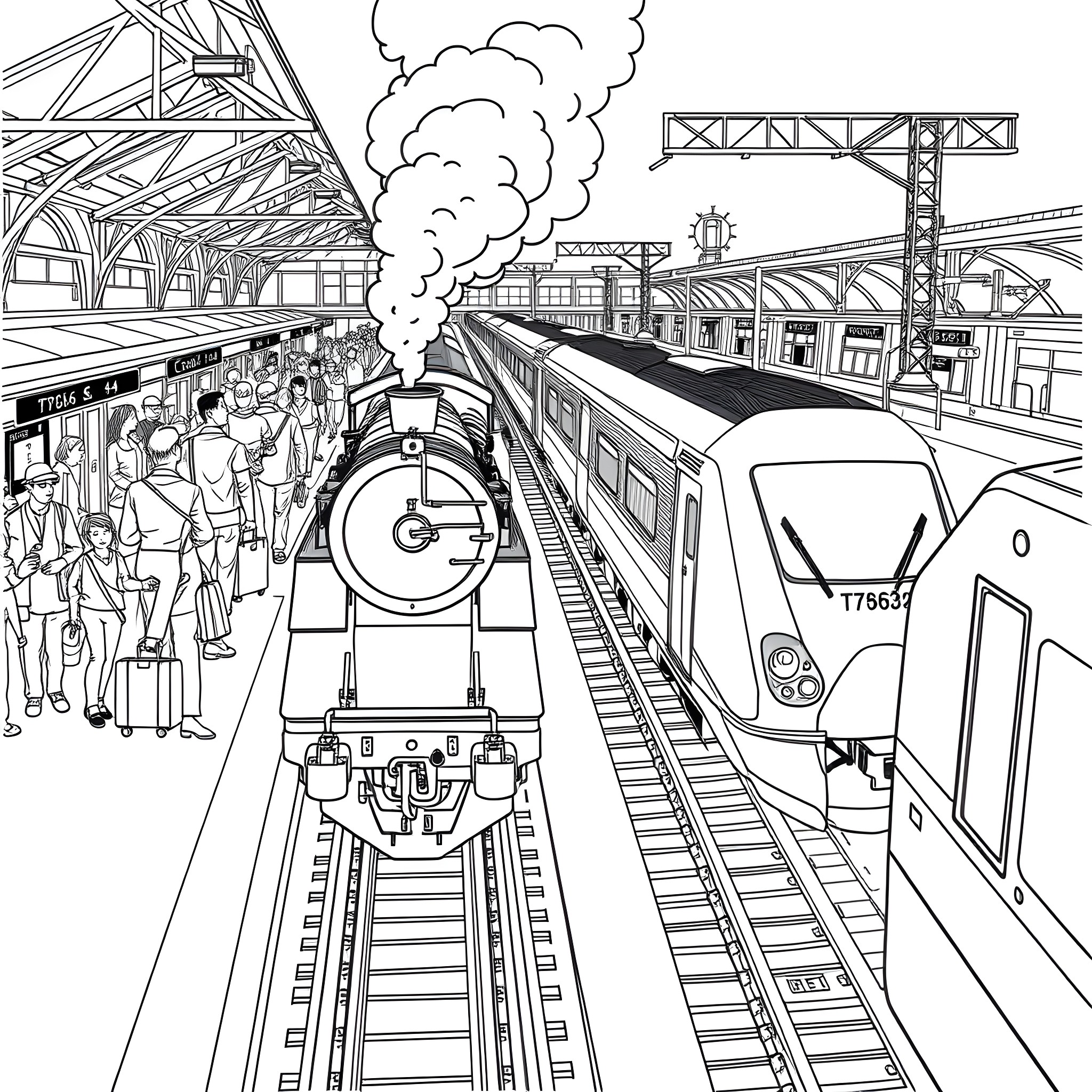 Train station with steam locomotive and passengers Coloring Page (free black-and-white line drawing printable PDF for all, from beginners to advanced learners, including children, teens, adults, and seniors)