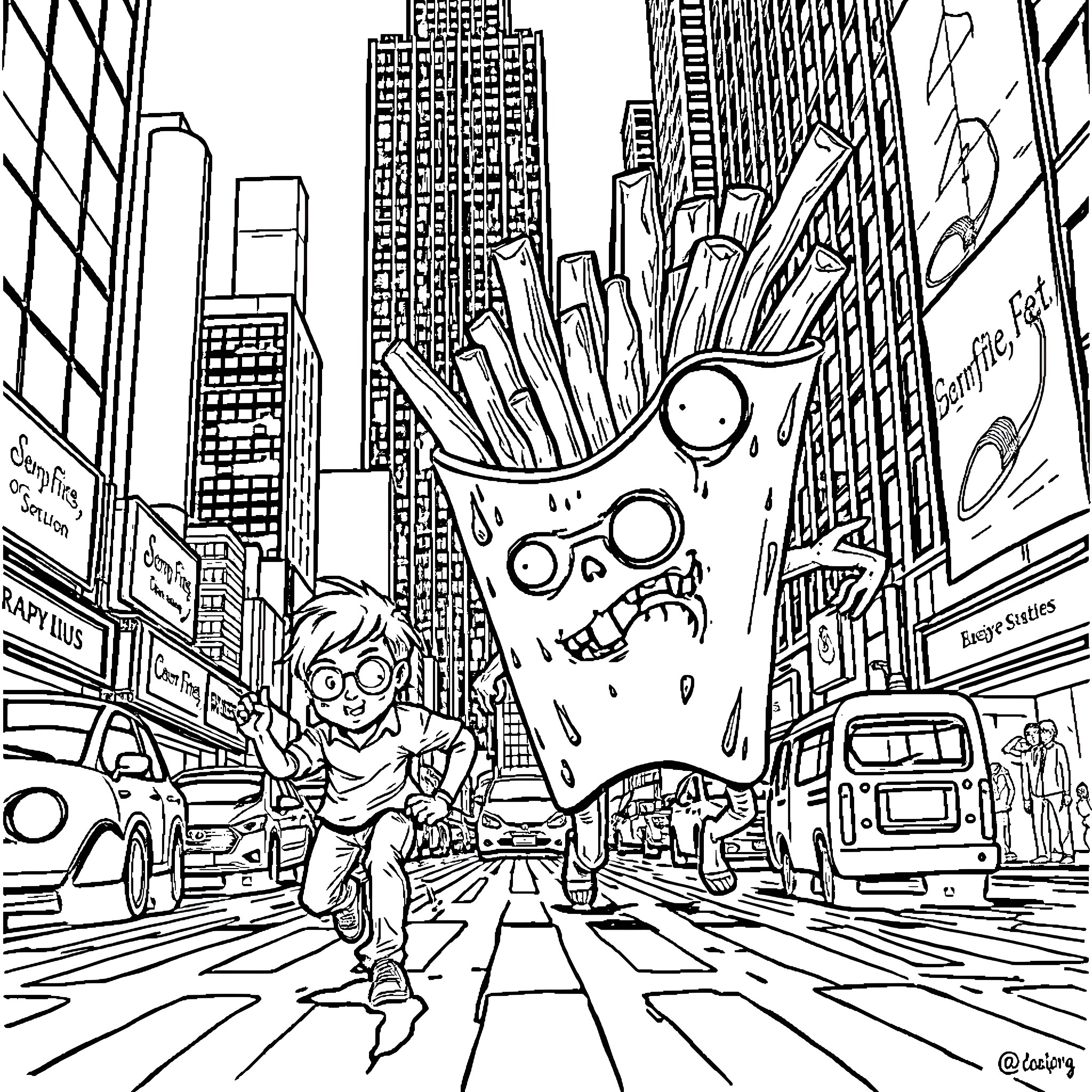 French Fry Boy Explores the City Streets Coloring Page (free black-and-white line drawing printable PDF for all, from beginners to advanced learners, including children, teens, adults, and seniors)