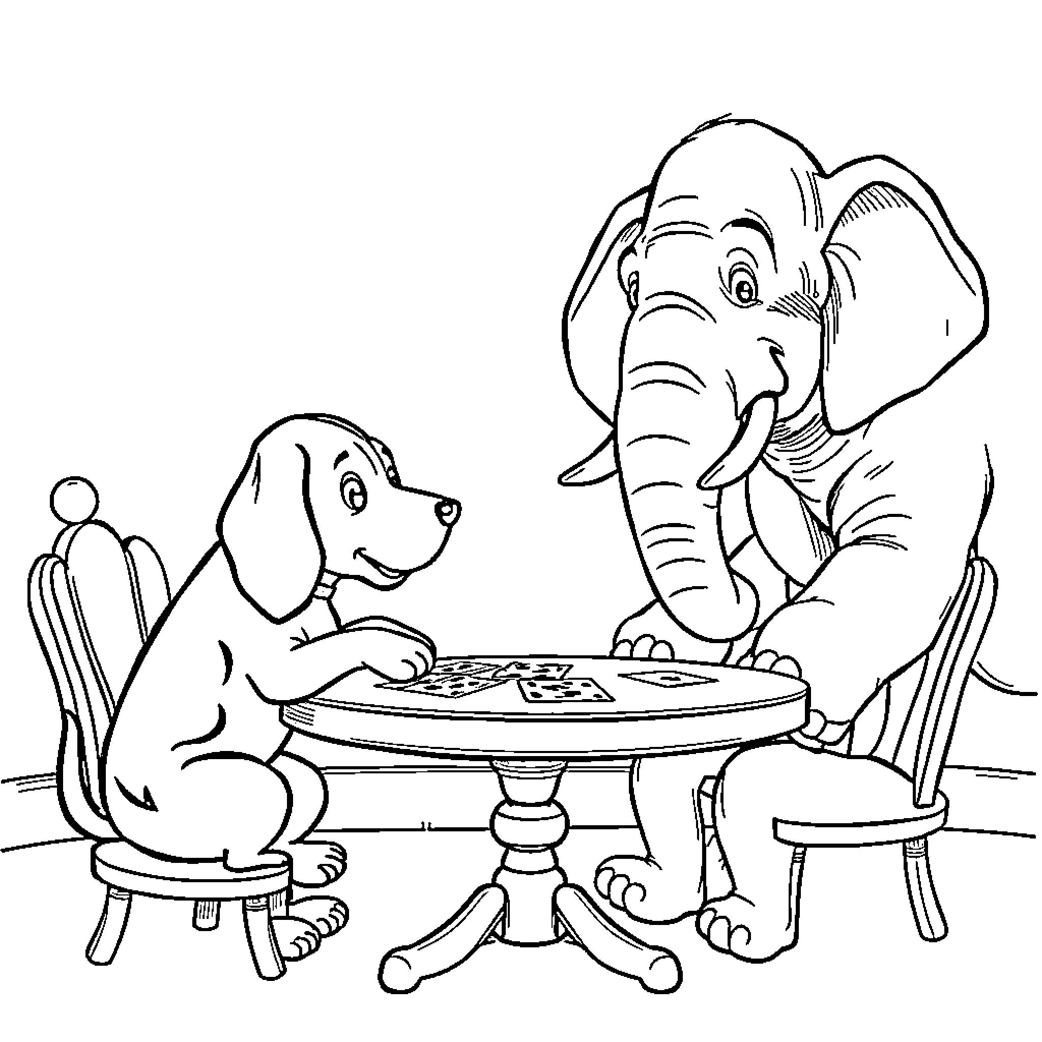 Beagle and Elephant Playing Board Games Coloring Page (free black-and-white line drawing printable PDF for all, from beginners to advanced learners, including children, teens, adults, and seniors)