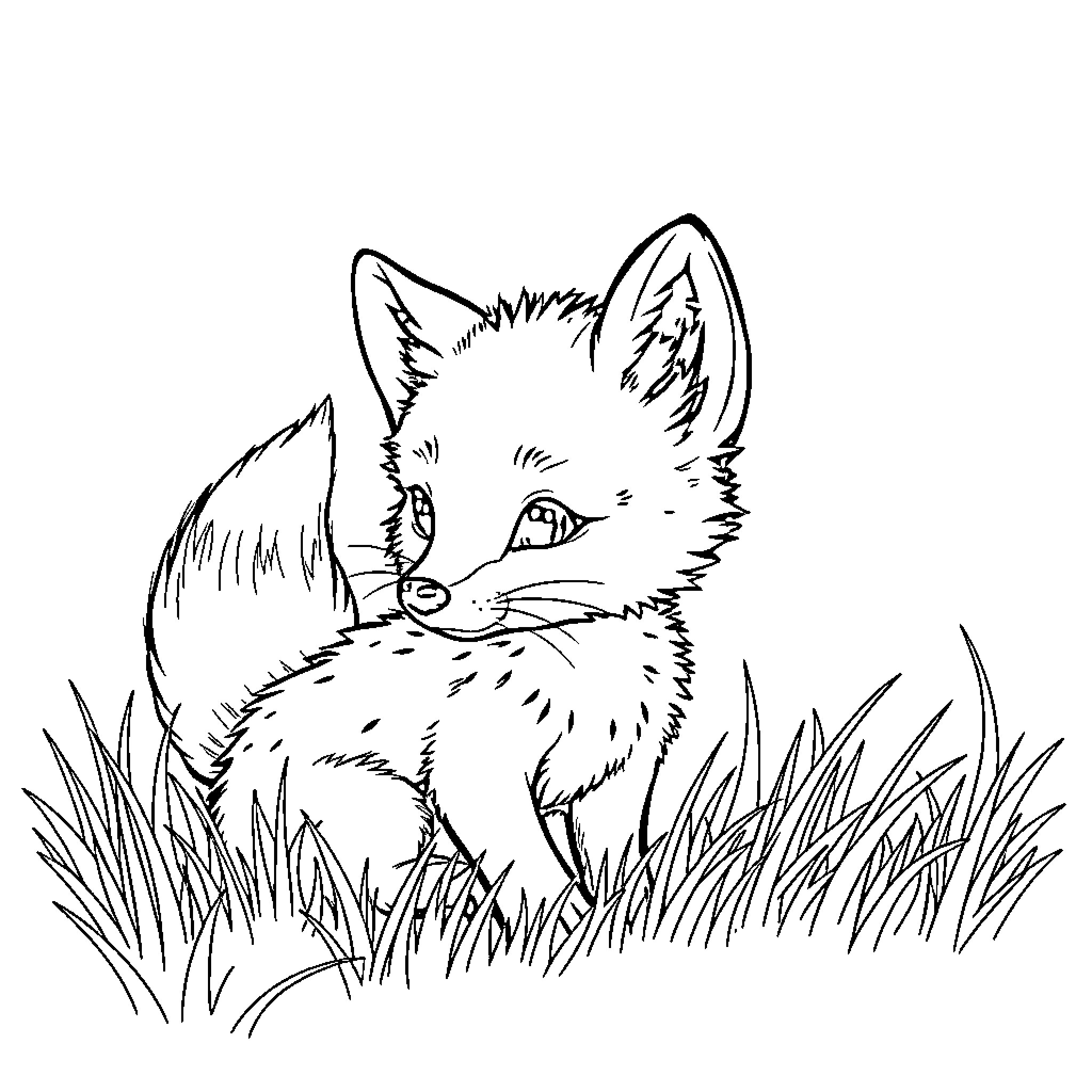 Fox Peeking from Tall Grass Coloring Page (free black-and-white line drawing printable PDF for all, from beginners to advanced learners, including children, teens, adults, and seniors)