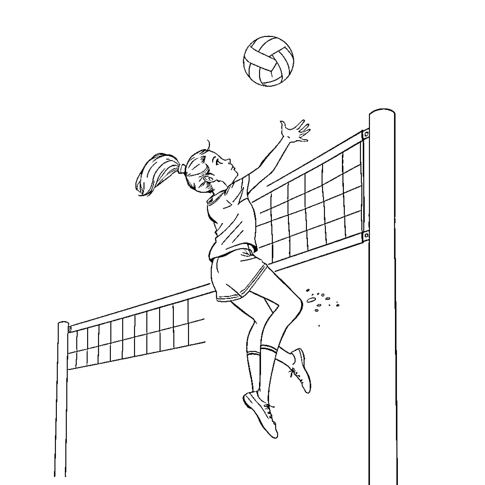 Girl playing volleyball Coloring Page (free black-and-white line drawing printable PDF for all, from beginners to advanced learners, including children, teens, adults, and seniors)