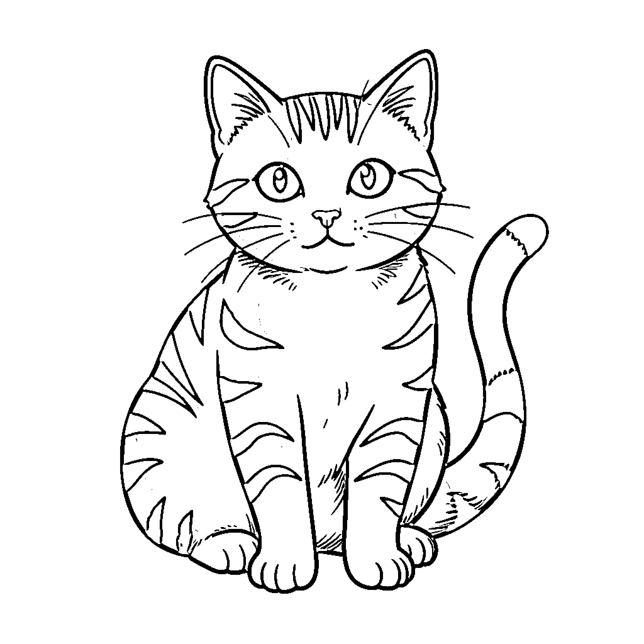 Striped Cat sitting playfully Coloring Page (free black-and-white line drawing printable PDF for all, from beginners to advanced learners, including children, teens, adults, and seniors)