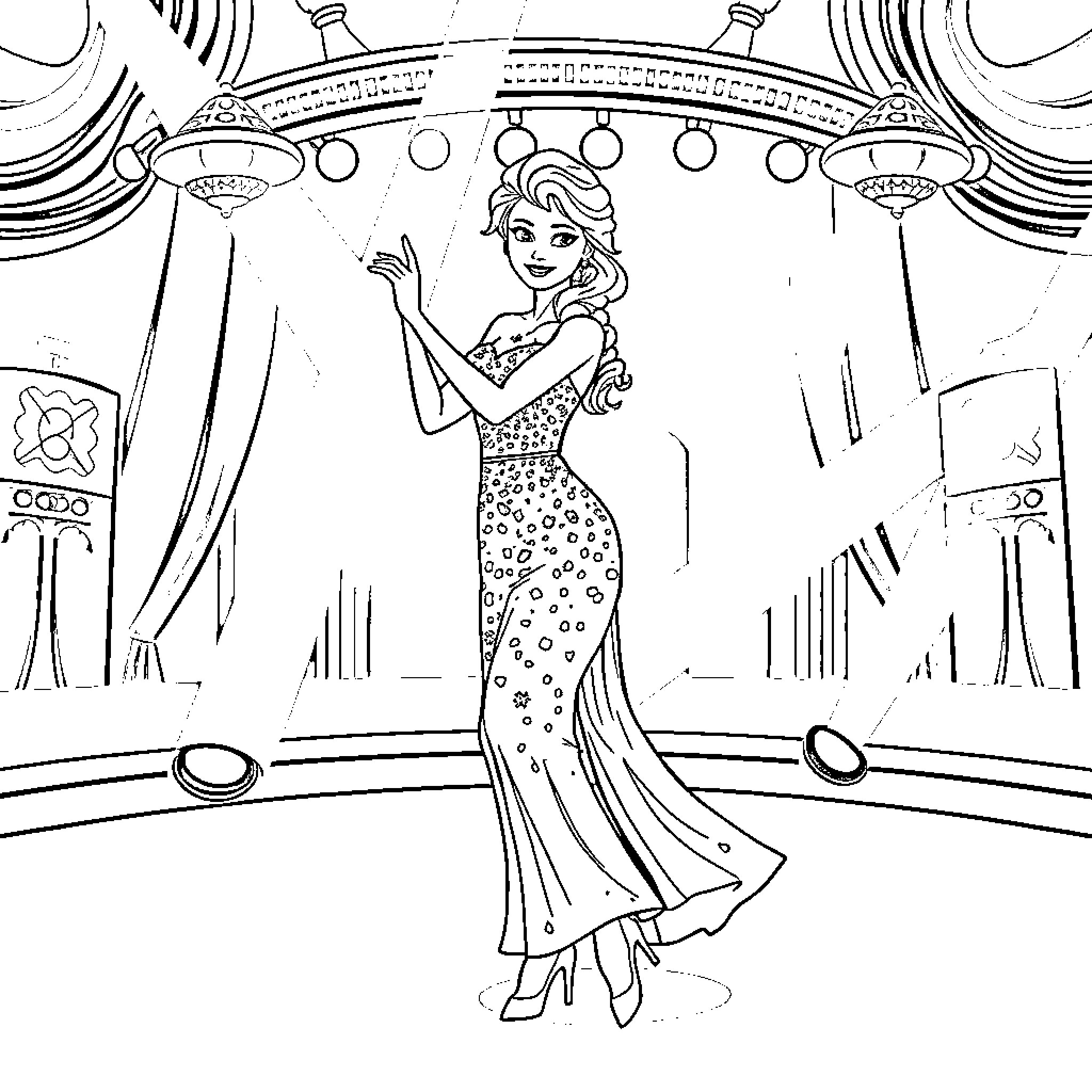 Elsa Performing on a Glamorous Stage Coloring Page (free black-and-white line drawing printable PDF for all, from beginners to advanced learners, including children, teens, adults, and seniors)
