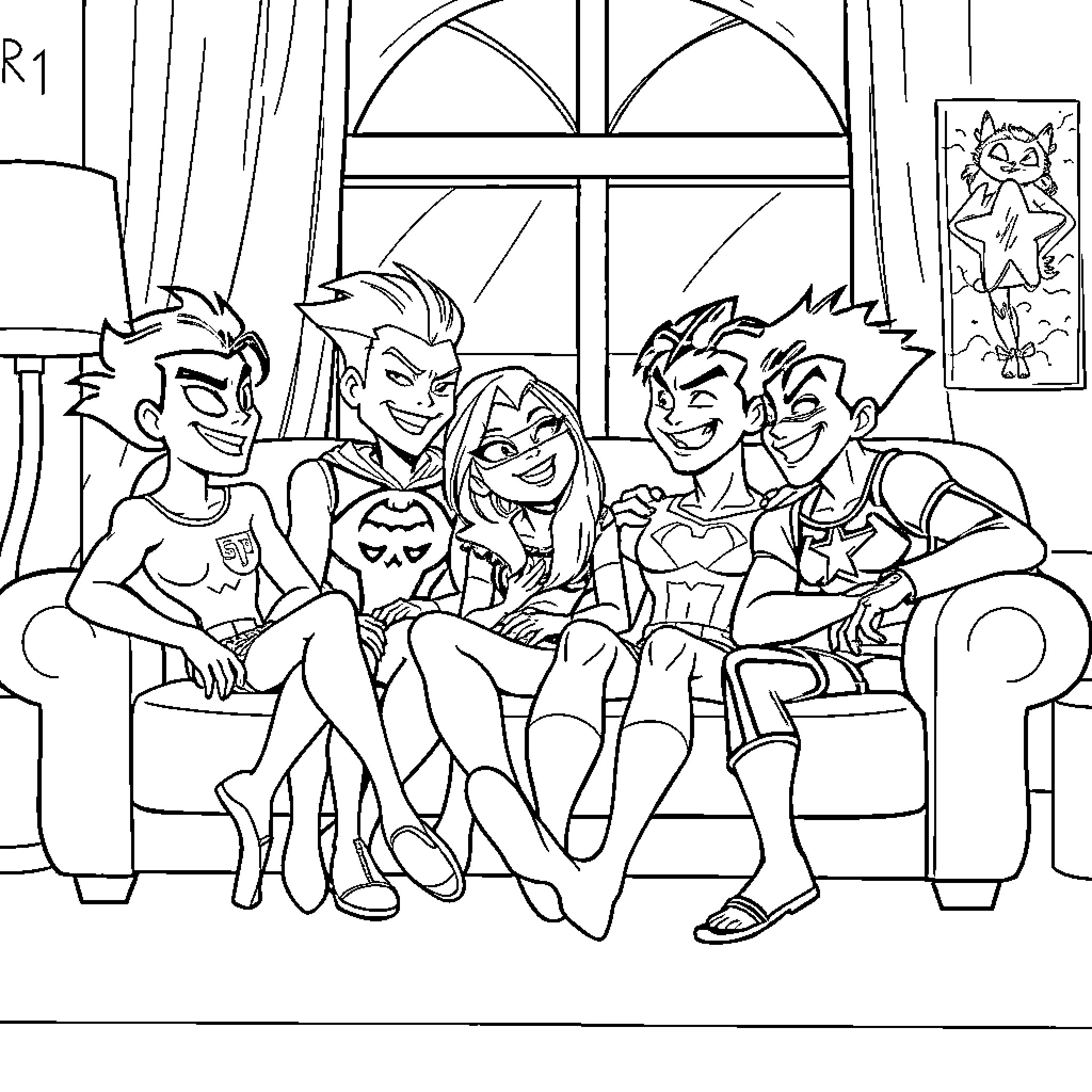 Teen Titans relaxing together in their living room Coloring Page (free black-and-white line drawing printable PDF for all, from beginners to advanced learners, including children, teens, adults, and seniors)
