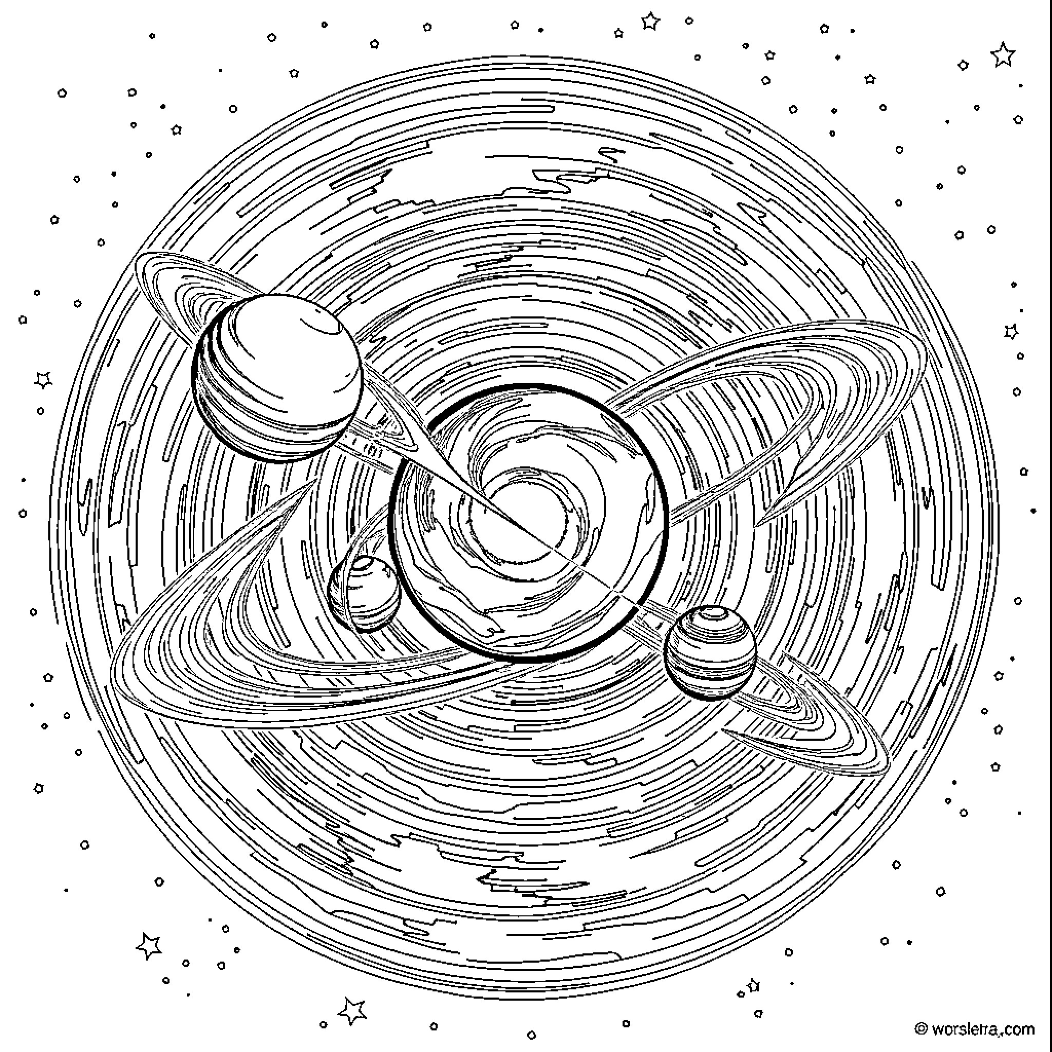 Solar System with Intricate Planetary Orbits Coloring Page (free black-and-white line drawing printable PDF for all, from beginners to advanced learners, including children, teens, adults, and seniors)