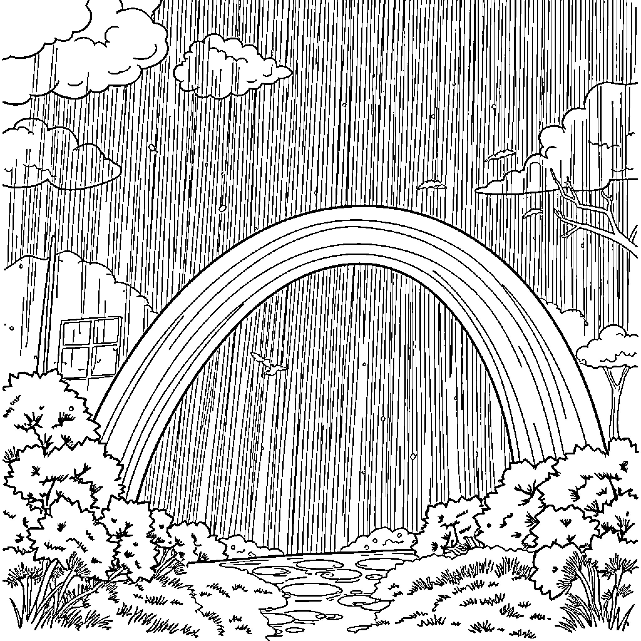 Rainbow arch crossing rainy forest landscape Coloring Page (free black-and-white line drawing printable PDF for all, from beginners to advanced learners, including children, teens, adults, and seniors)