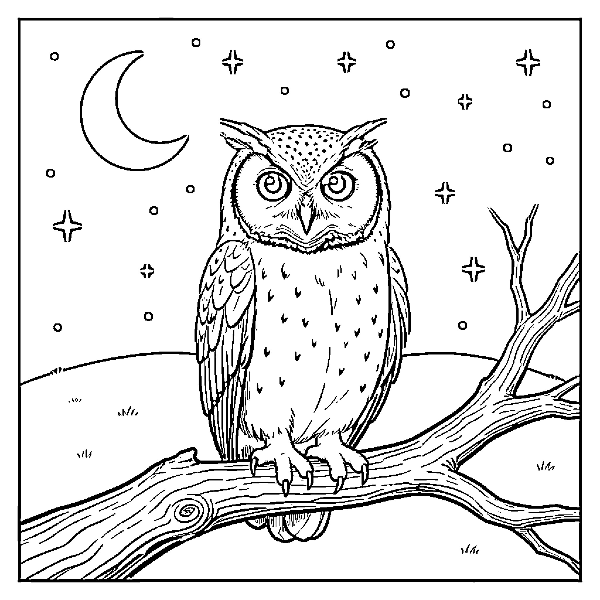 Owl perched on a branch under a crescent moon Coloring Page (free black-and-white line drawing printable PDF for all, from beginners to advanced learners, including children, teens, adults, and seniors)