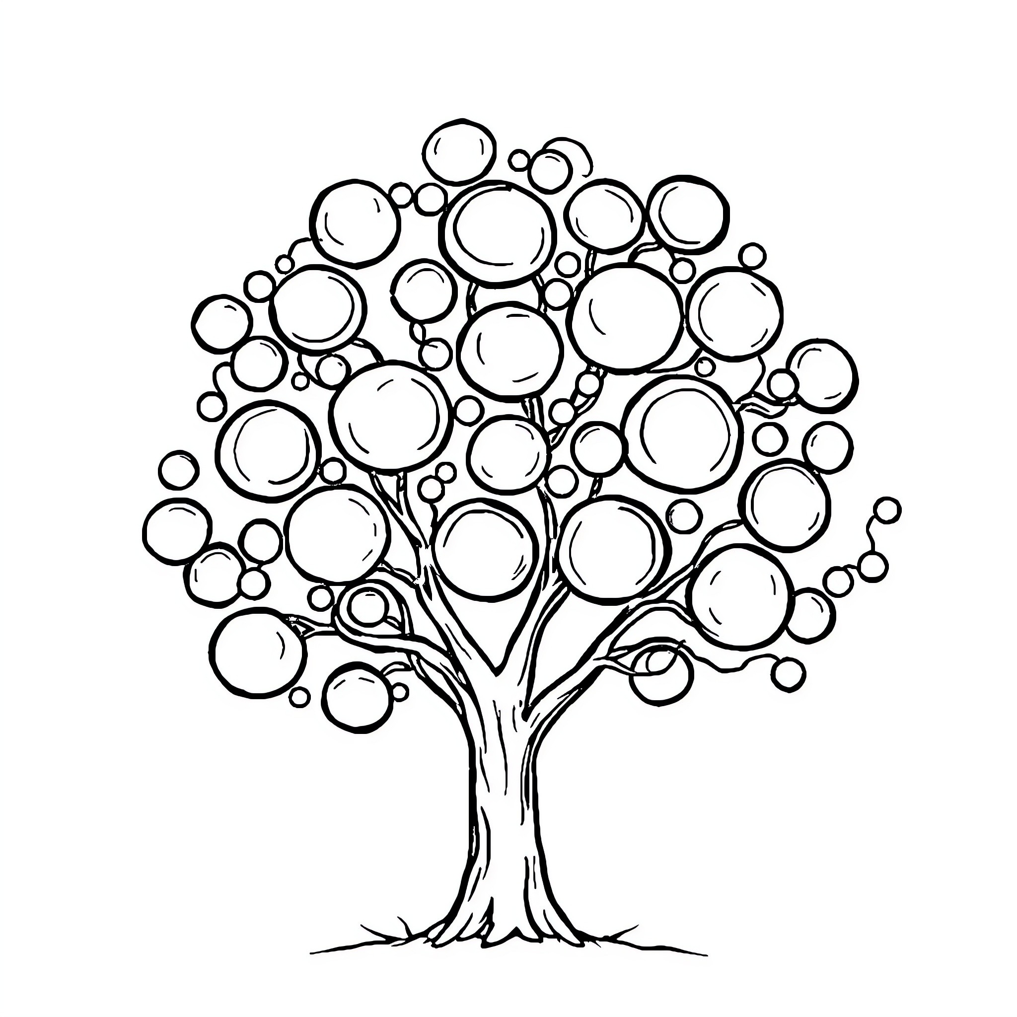 Tree with abstract bubble-like forms Coloring Page (free black-and-white line drawing printable PDF for all, from beginners to advanced learners, including children, teens, adults, and seniors)