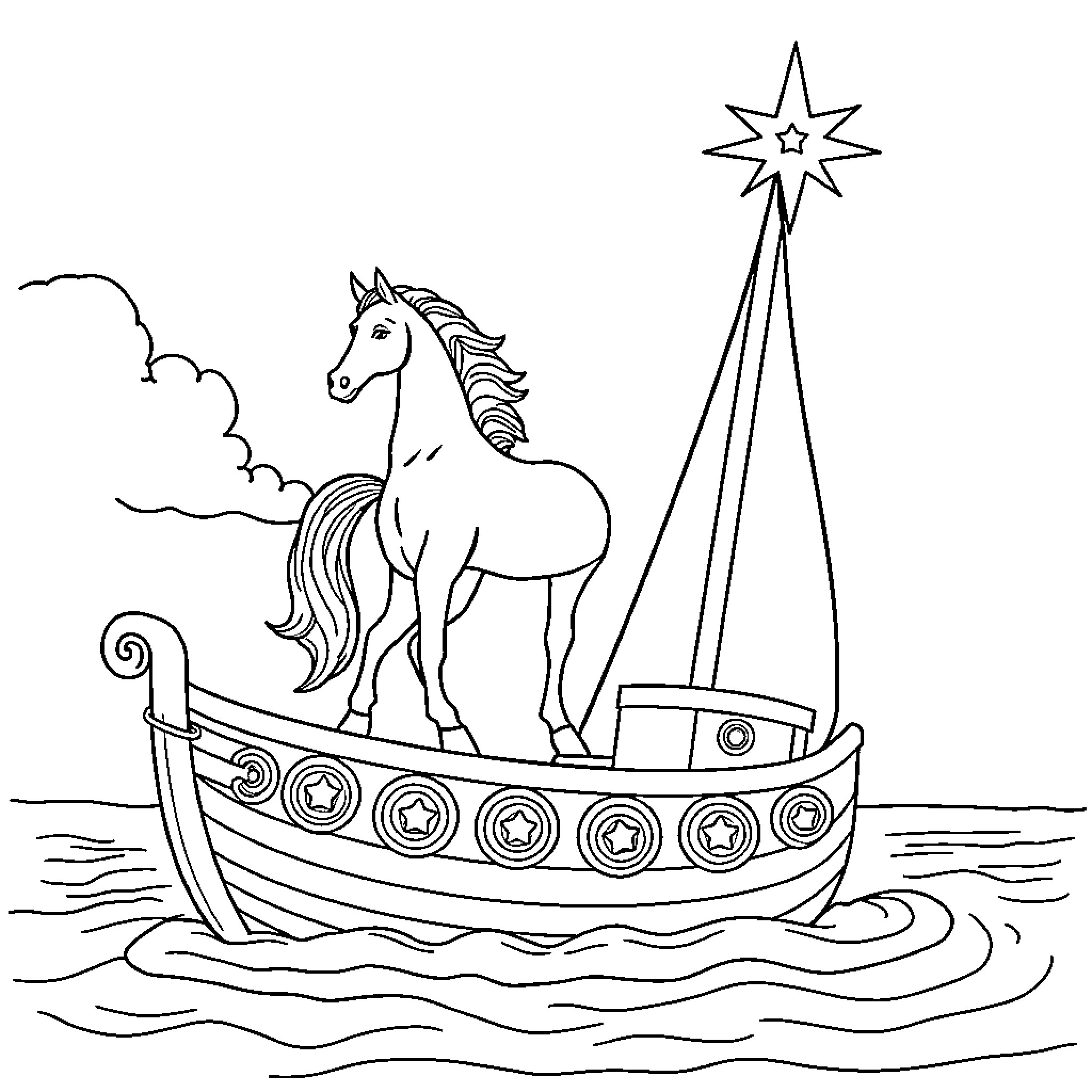 Horse sailing on a magical boat under a shining star Coloring Page (free black-and-white line drawing printable PDF for all, from beginners to advanced learners, including children, teens, adults, and seniors)