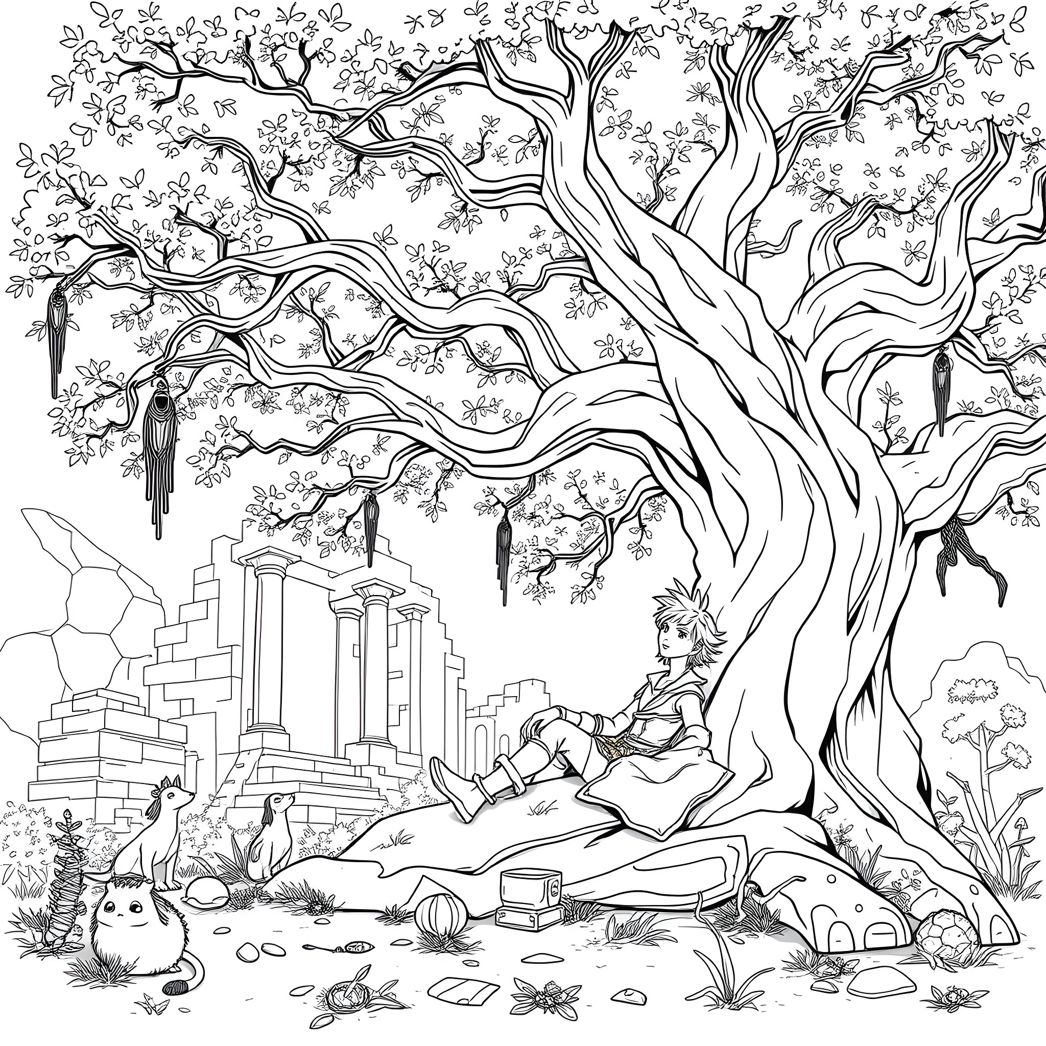 Teo exploring the whimsical forest landscape Coloring Page (free black-and-white line drawing printable PDF for all, from beginners to advanced learners, including children, teens, adults, and seniors)