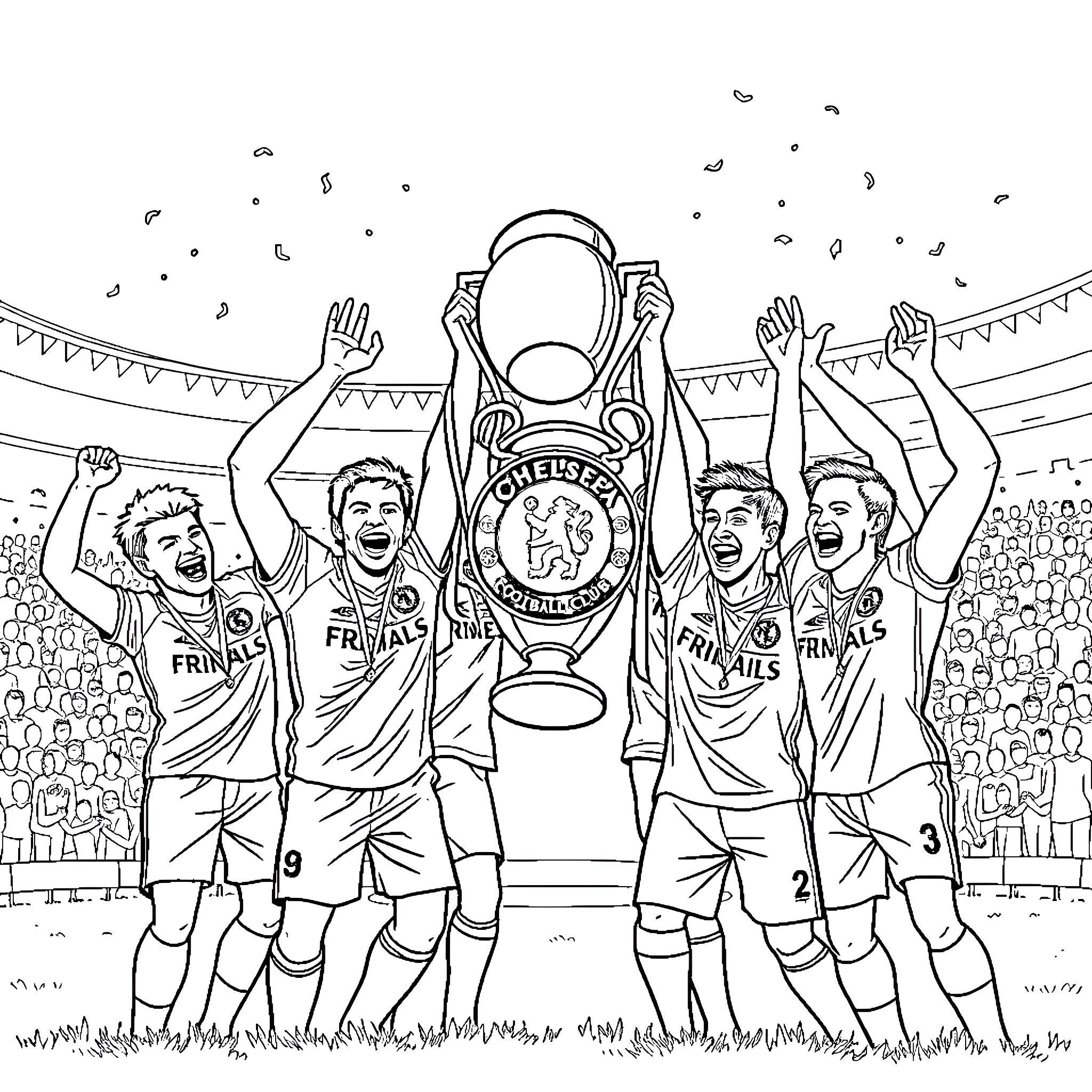 Chelsea team celebrates trophy win with fans Coloring Page (free black-and-white line drawing printable PDF for all, from beginners to advanced learners, including children, teens, adults, and seniors)