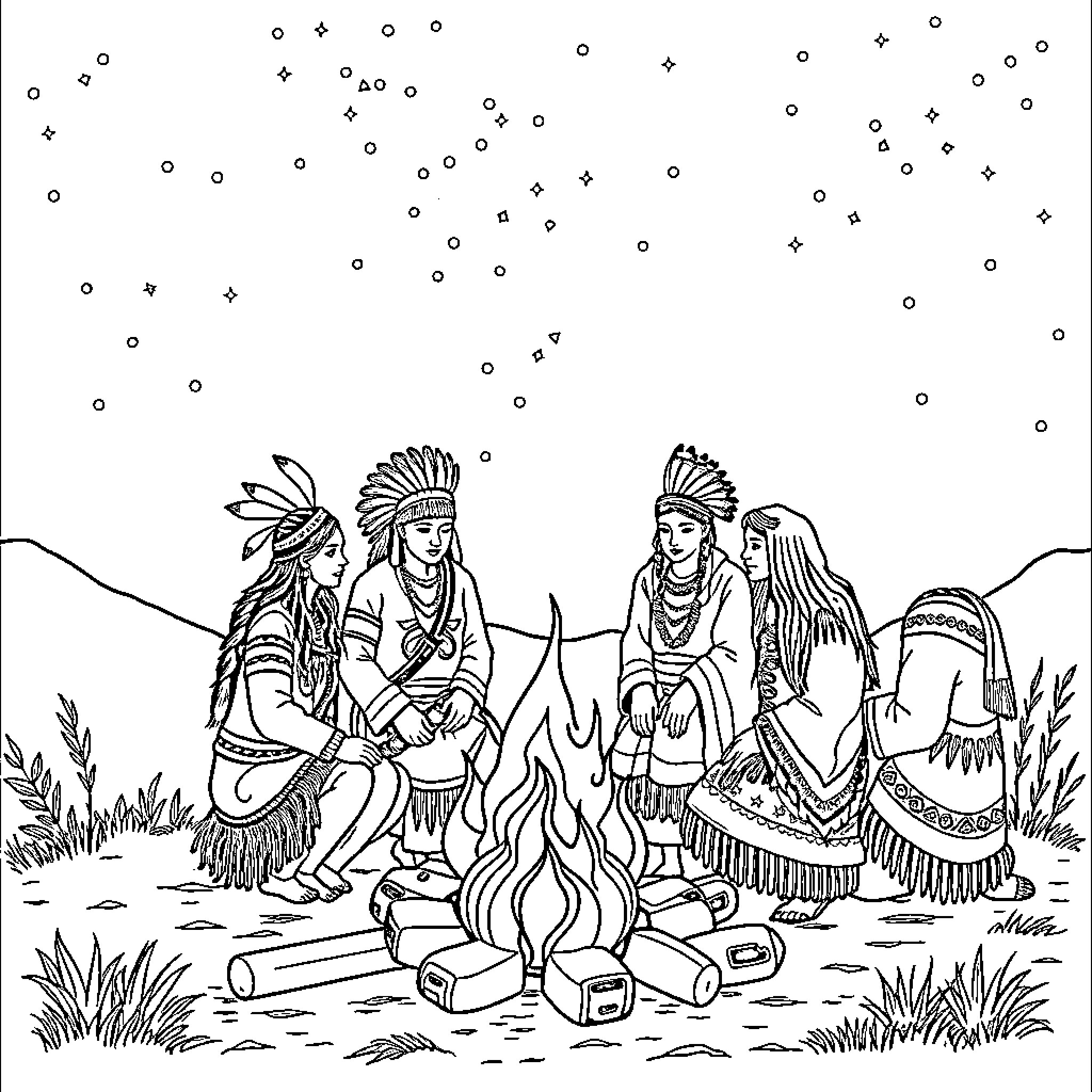 Indigenous People Gathered Around Campfire Coloring Page (free black-and-white line drawing printable PDF for all, from beginners to advanced learners, including children, teens, adults, and seniors)