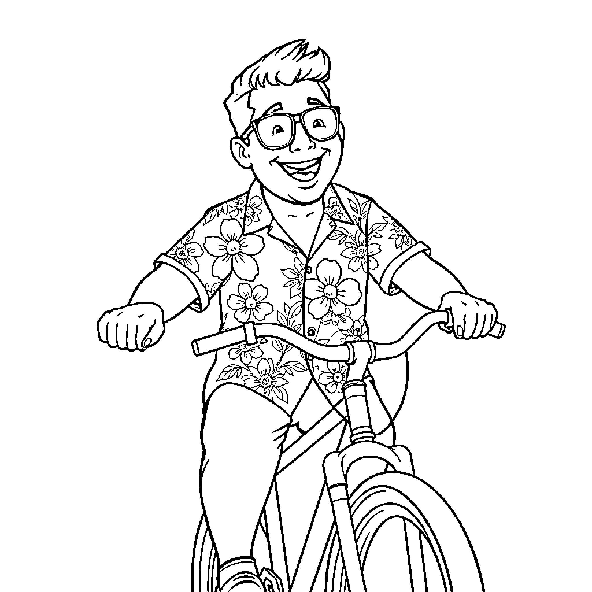 Rajoy Riding Bicycle with Floral Shirt Coloring Page (free black-and-white line drawing printable PDF for all, from beginners to advanced learners, including children, teens, adults, and seniors)