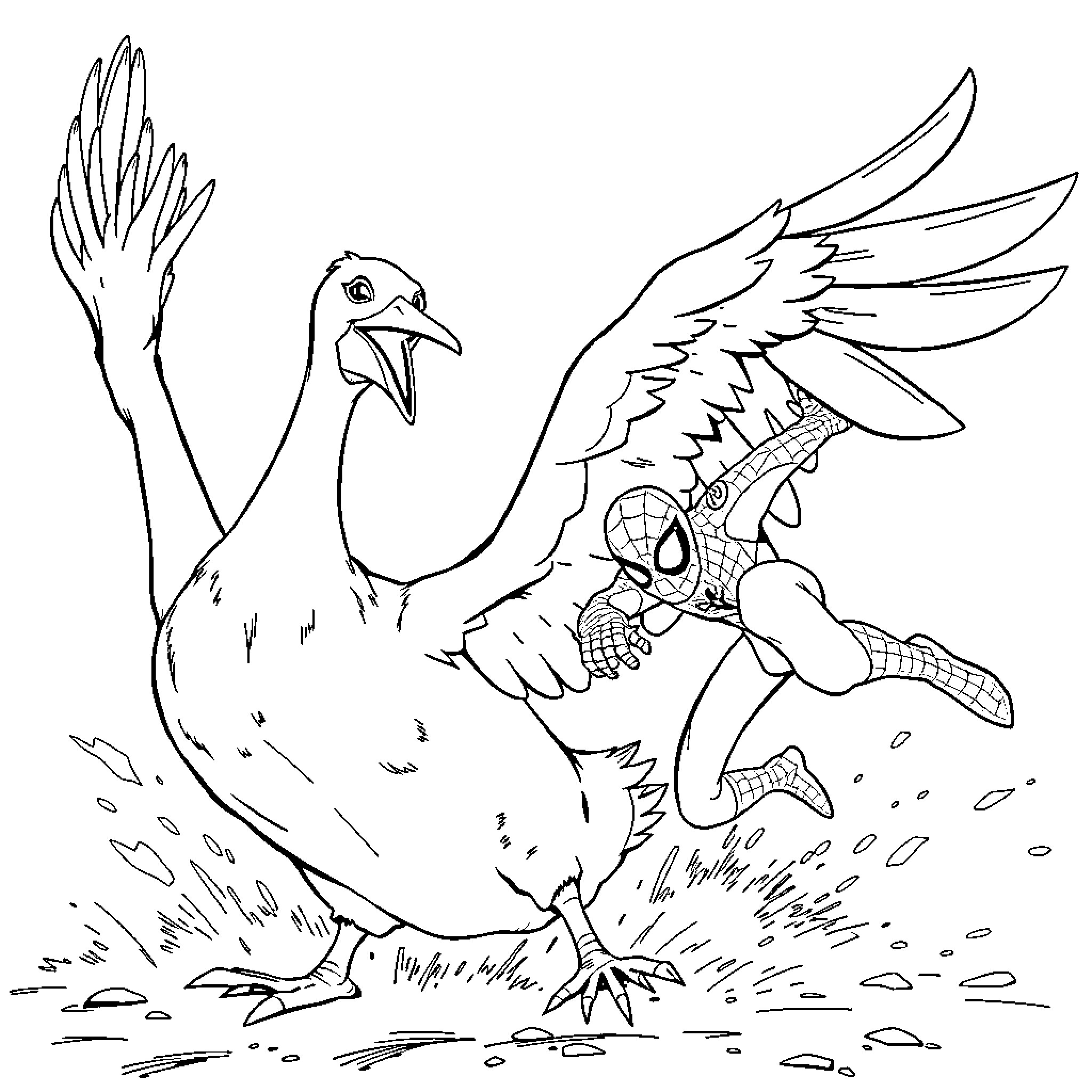 Spider-Man chasing a giant bird in an action-packed scene Coloring Page (free black-and-white line drawing printable PDF for all, from beginners to advanced learners, including children, teens, adults, and seniors)