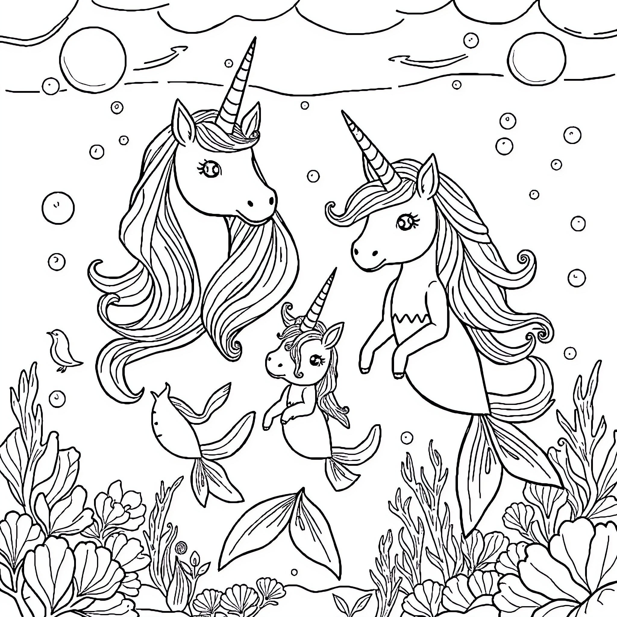 Unicorn family in magical underwater scene Coloring Page (free black-and-white line drawing printable PDF for all, from beginners to advanced learners, including children, teens, adults, and seniors)