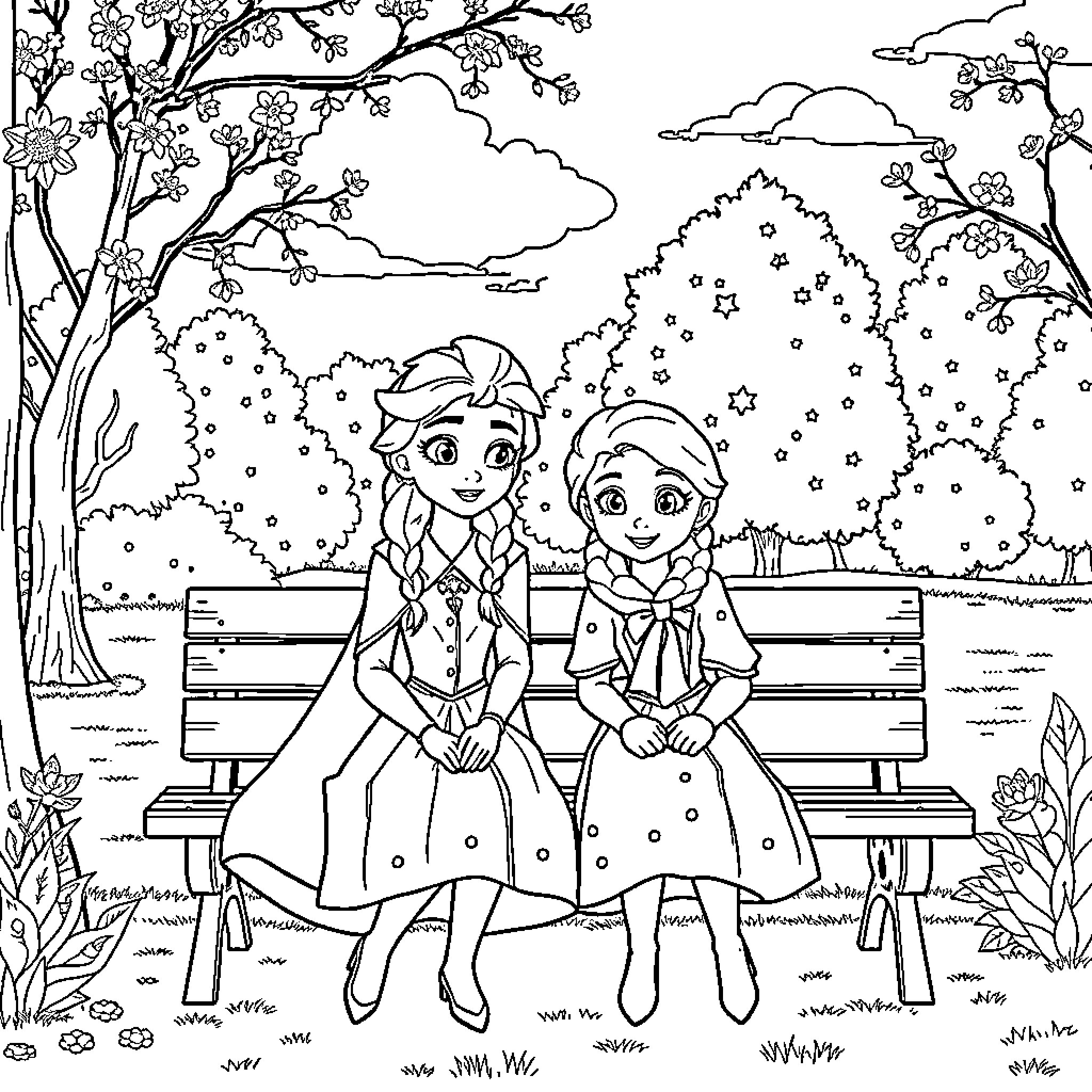 Elsa and Anna enjoying a peaceful park Coloring Page (free black-and-white line drawing printable PDF for all, from beginners to advanced learners, including children, teens, adults, and seniors)
