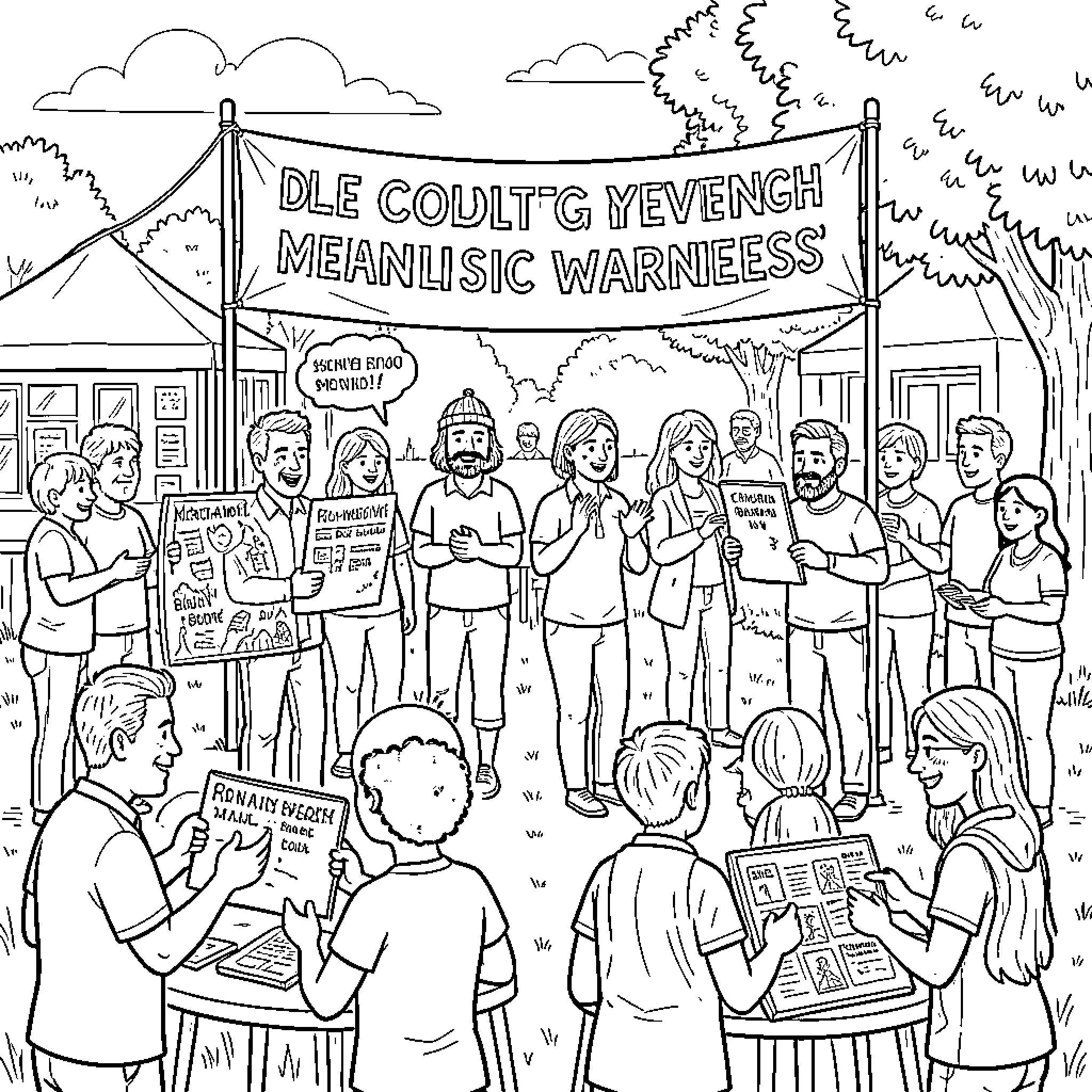 Mental Health Awareness and Community Engagement Coloring Page (free black-and-white line drawing printable PDF for all, from beginners to advanced learners, including children, teens, adults, and seniors)