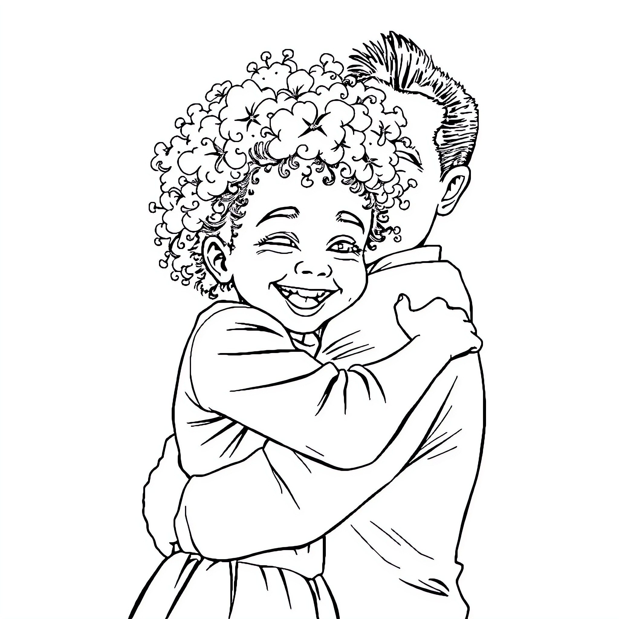 Girl joyfully embracing herself Coloring Page (free black-and-white line drawing printable PDF for all, from beginners to advanced learners, including children, teens, adults, and seniors)