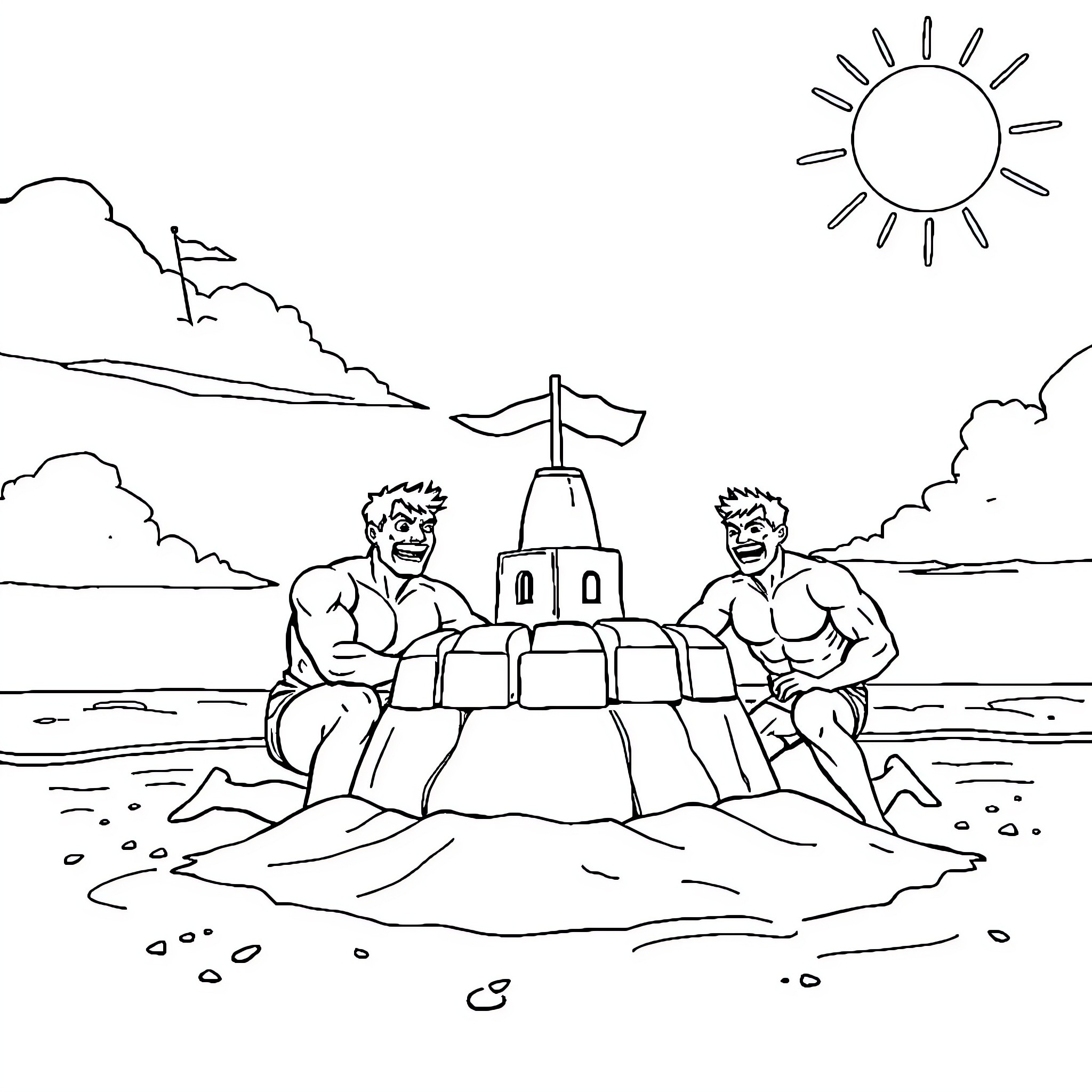 Hunk building a sand castle on the beach Coloring Page (free black-and-white line drawing printable PDF for all, from beginners to advanced learners, including children, teens, adults, and seniors)