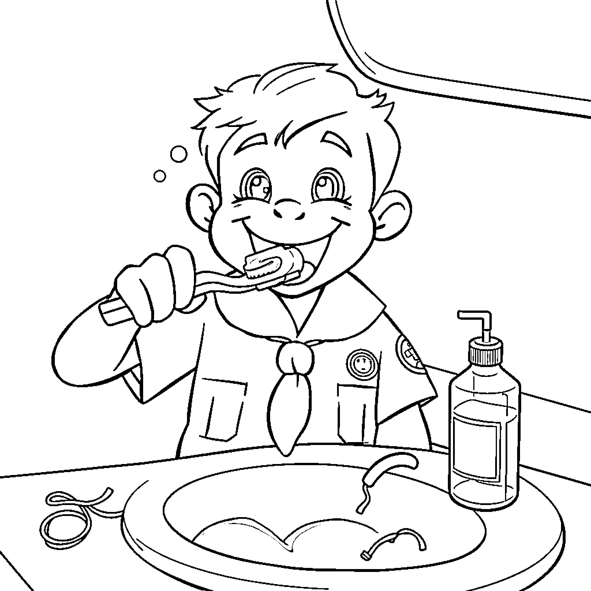 Cub Scout brushing his teeth happily Coloring Page (free black-and-white line drawing printable PDF for all, from beginners to advanced learners, including children, teens, adults, and seniors)