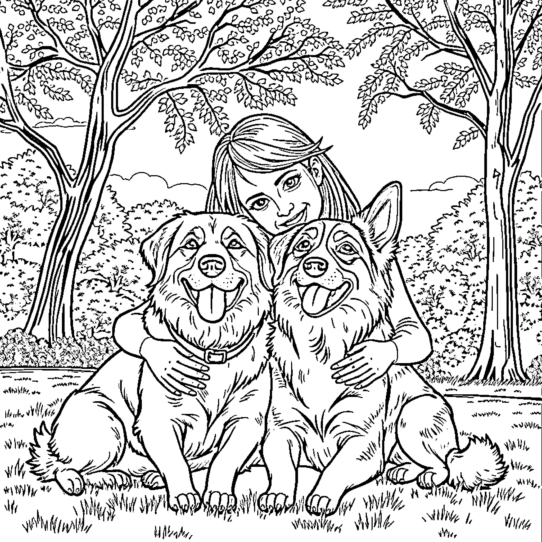 Dog playing with girl in the forest Coloring Page (free black-and-white line drawing printable PDF for all, from beginners to advanced learners, including children, teens, adults, and seniors)