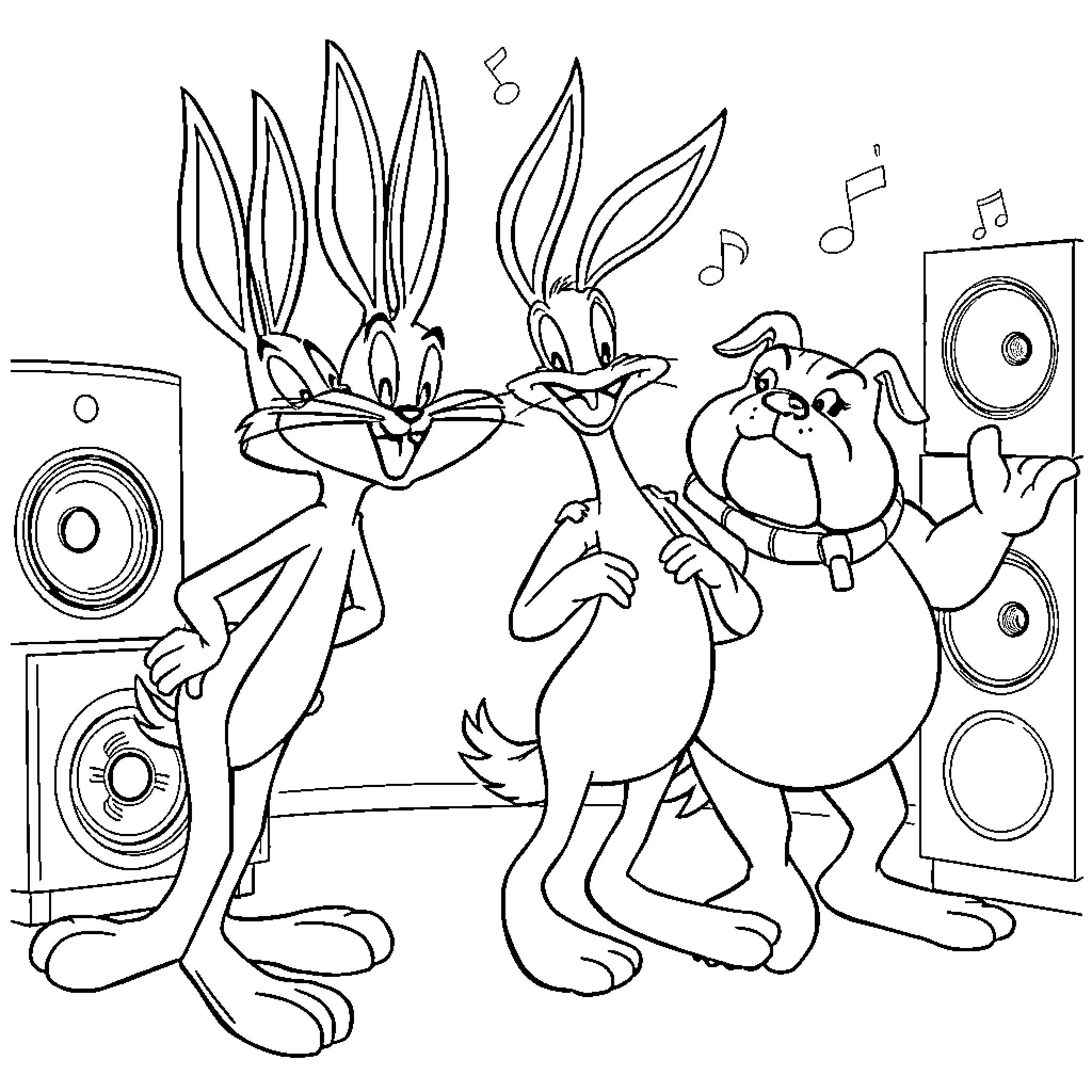 Bugs Bunny and friends dancing to music Coloring Page (free black-and-white line drawing printable PDF for all, from beginners to advanced learners, including children, teens, adults, and seniors)