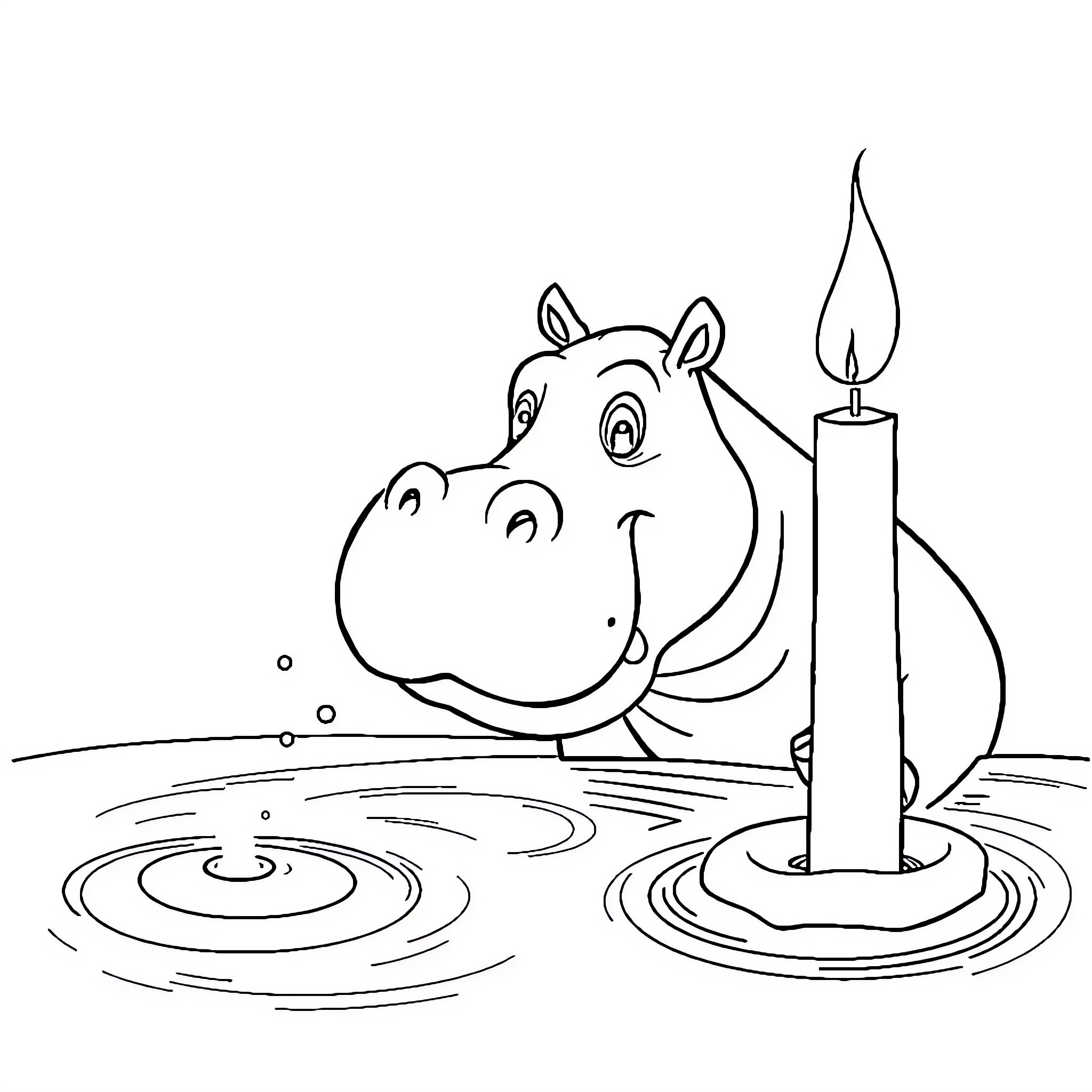 Hippo relaxing by candlelight in the water Coloring Page (free black-and-white line drawing printable PDF for all, from beginners to advanced learners, including children, teens, adults, and seniors)