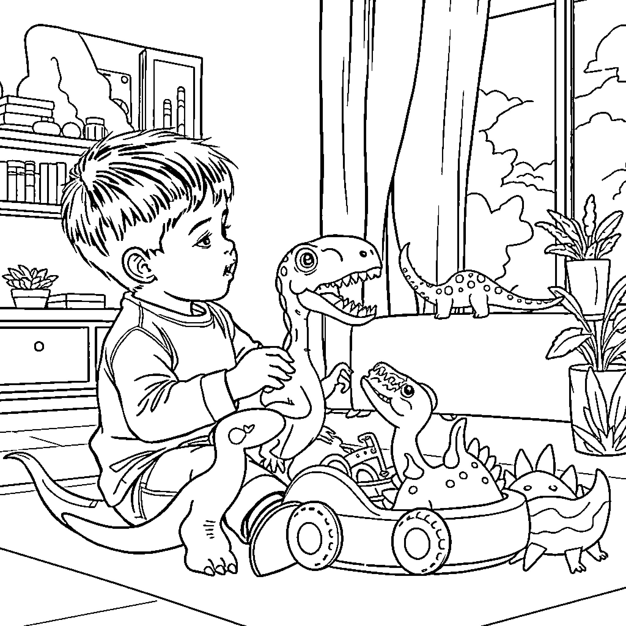 Child playing with dinosaur toys in the room Coloring Page (free black-and-white line drawing printable PDF for all, from beginners to advanced learners, including children, teens, adults, and seniors)