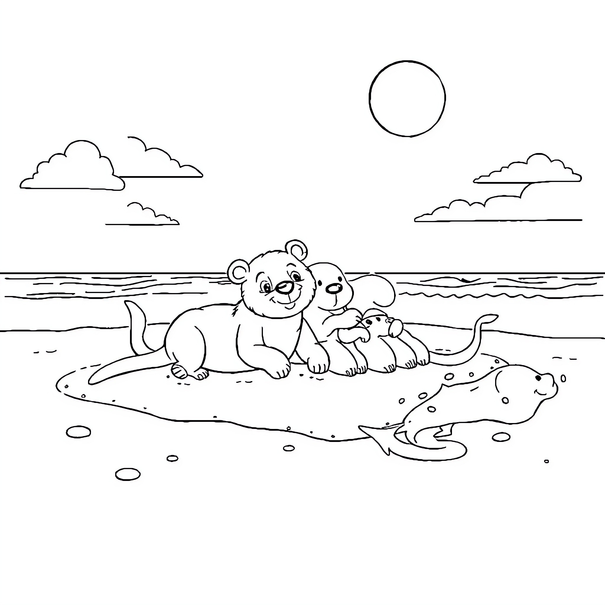 Animal family enjoying the beach Coloring Page (free black-and-white line drawing printable PDF for all, from beginners to advanced learners, including children, teens, adults, and seniors)