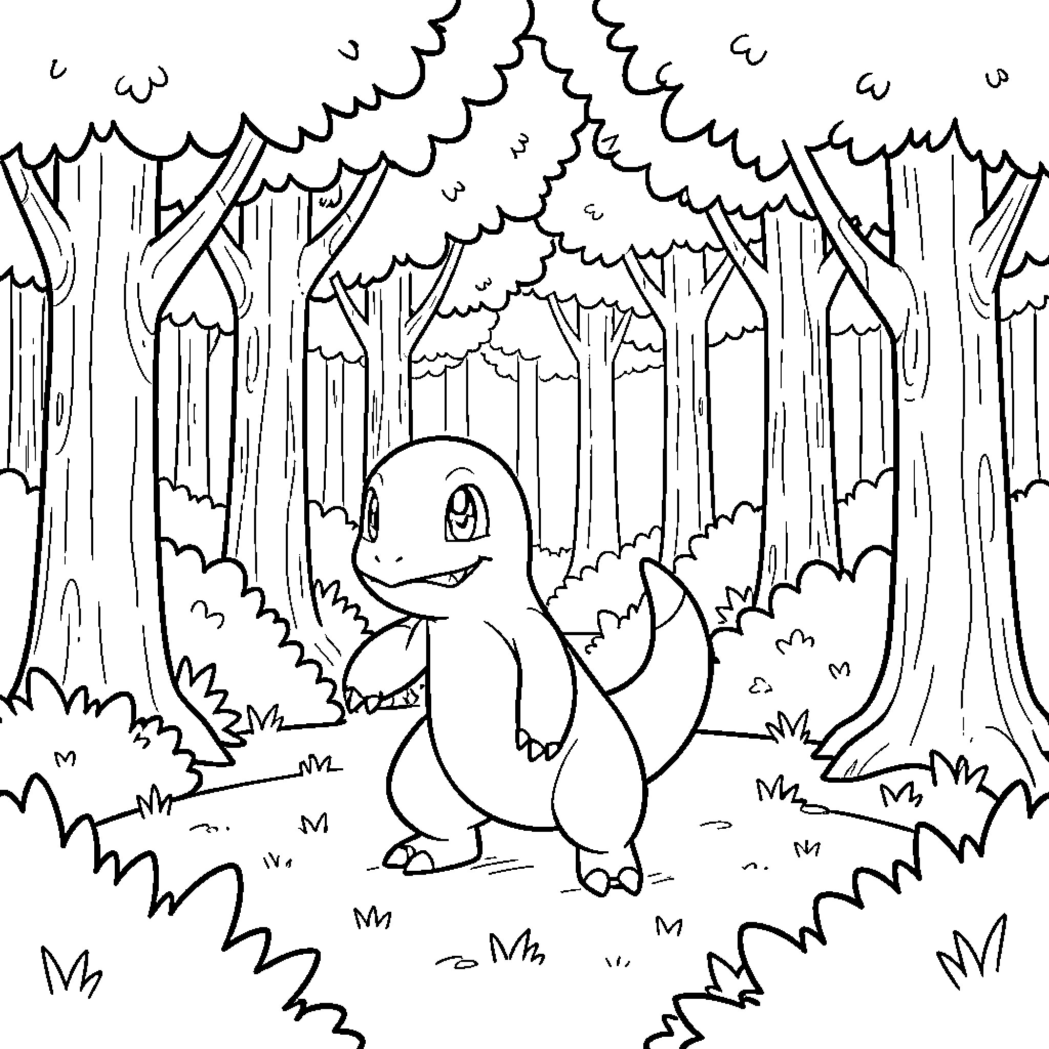 Charmander walking happily through a dense forest Coloring Page (free black-and-white line drawing printable PDF for all, from beginners to advanced learners, including children, teens, adults, and seniors)