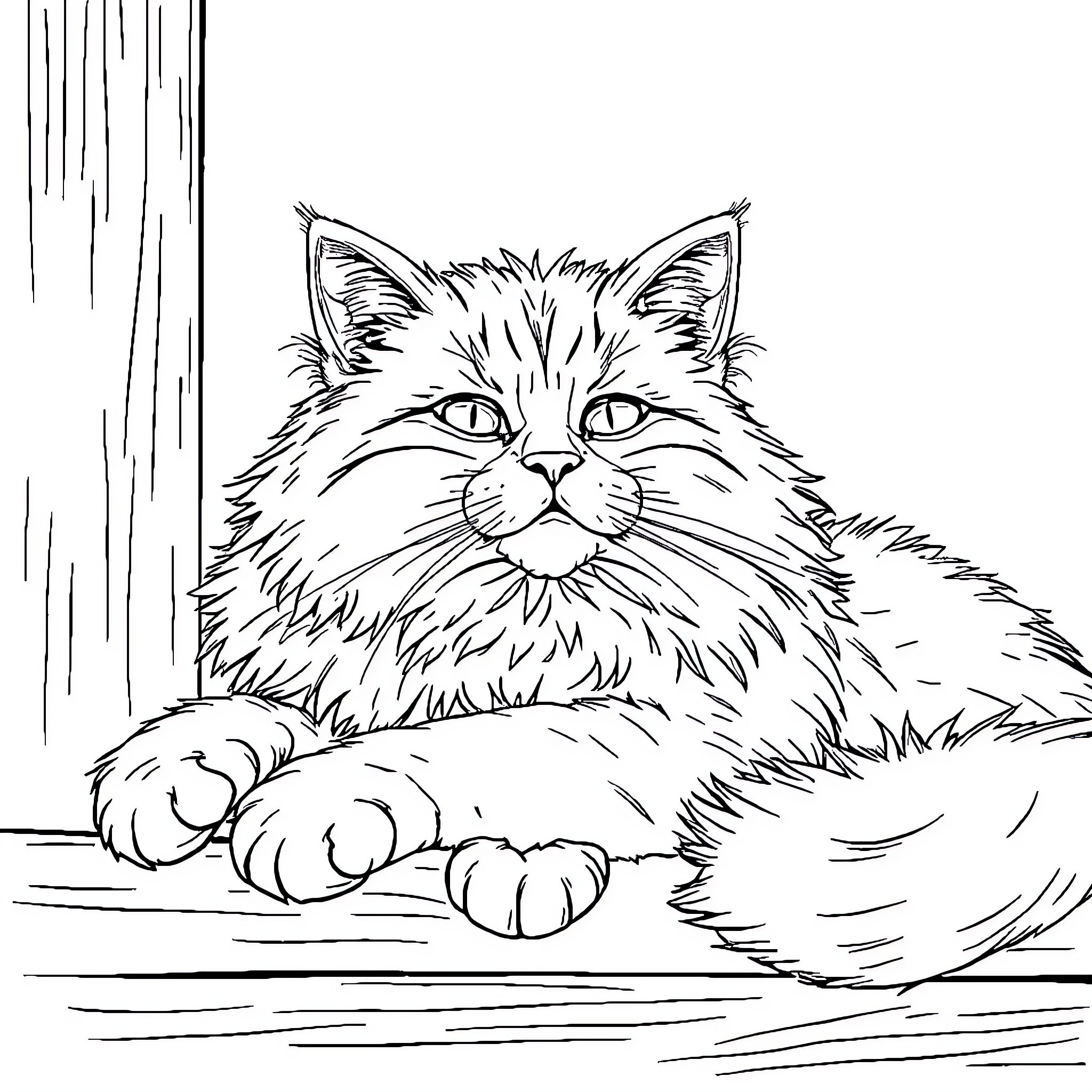 Cat lounging peacefully in nature Coloring Page (free black-and-white line drawing printable PDF for all, from beginners to advanced learners, including children, teens, adults, and seniors)